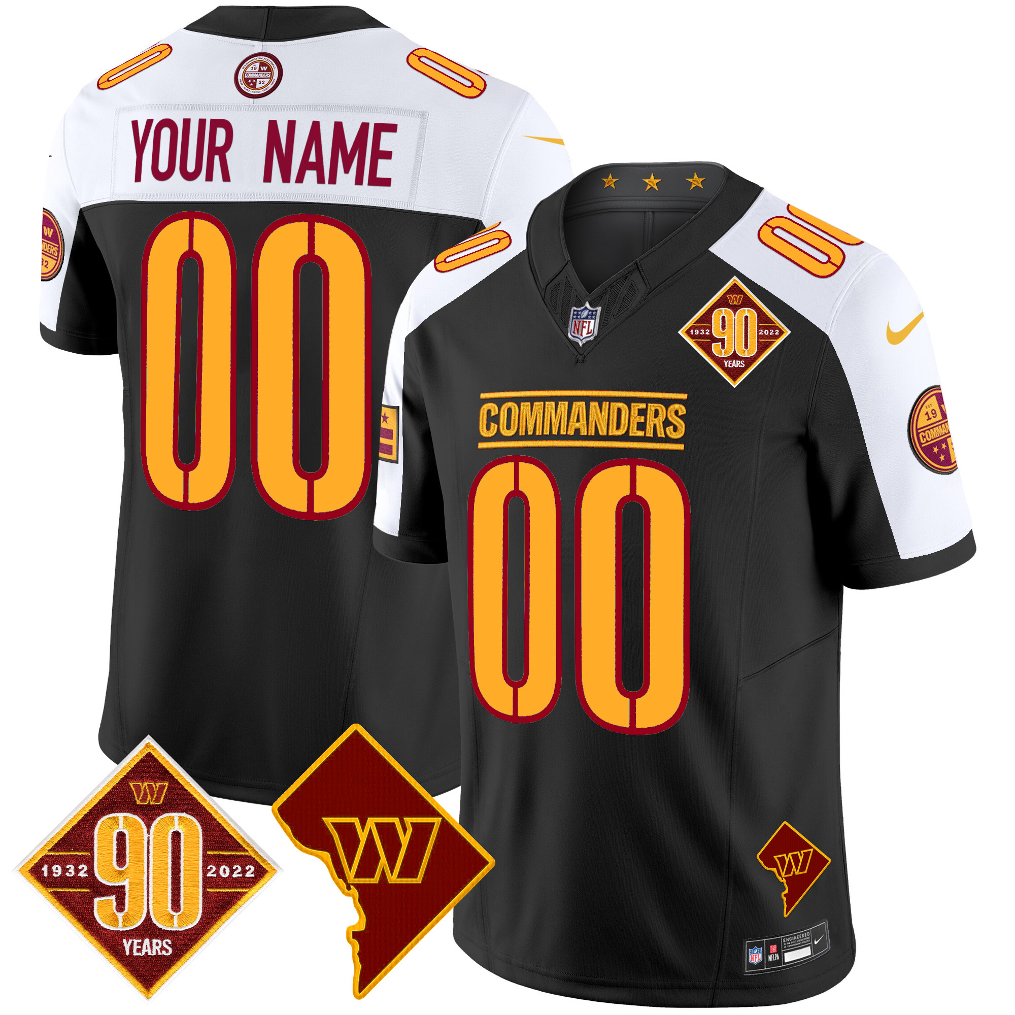 Men's Washington Commanders 90th Anniversary & Home Patch Vapor Limited Custom Black Alternate Jersey - All Stitched