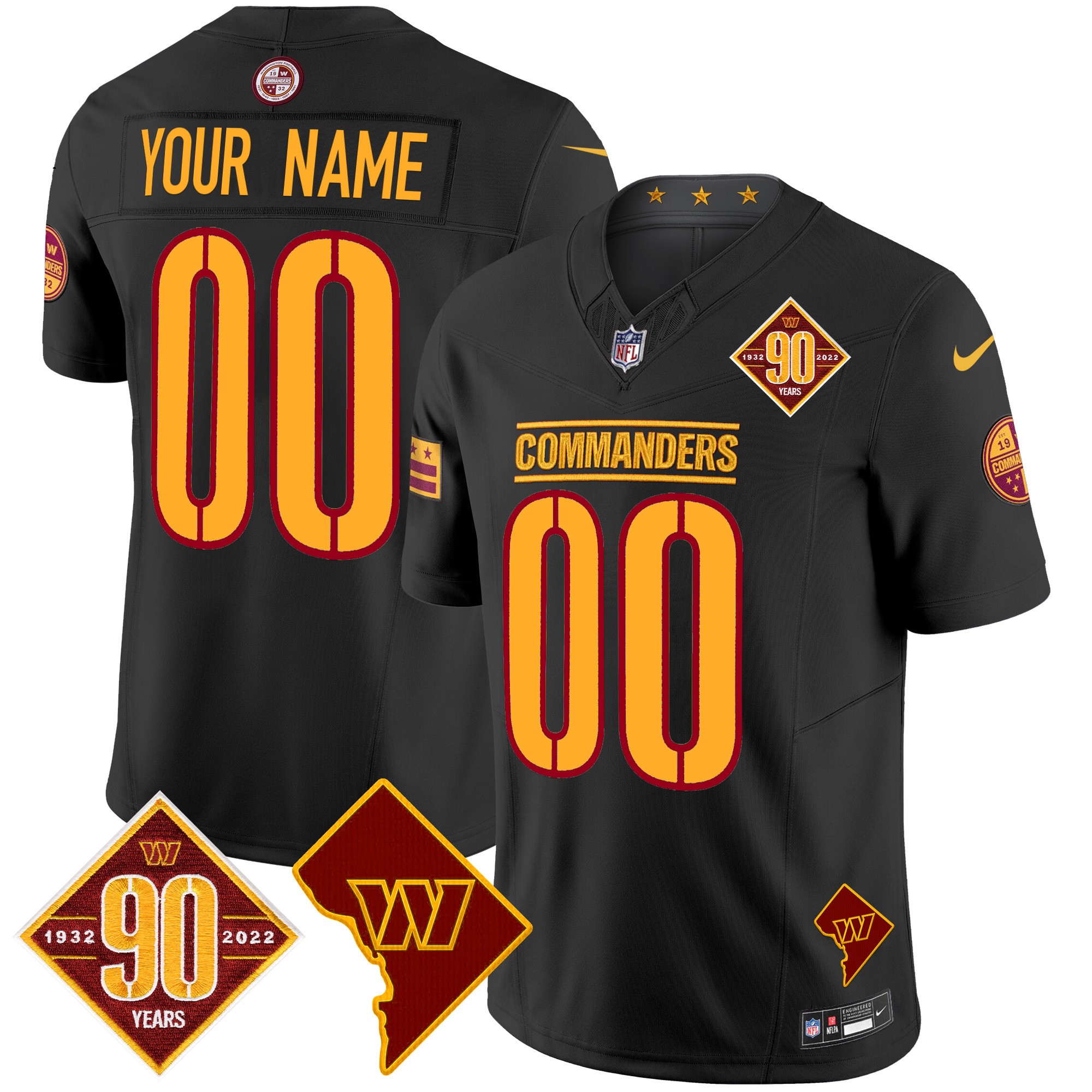 Men's Washington Commanders 90th Anniversary & Home Patch Vapor Limited Custom Black Jersey - All Stitched