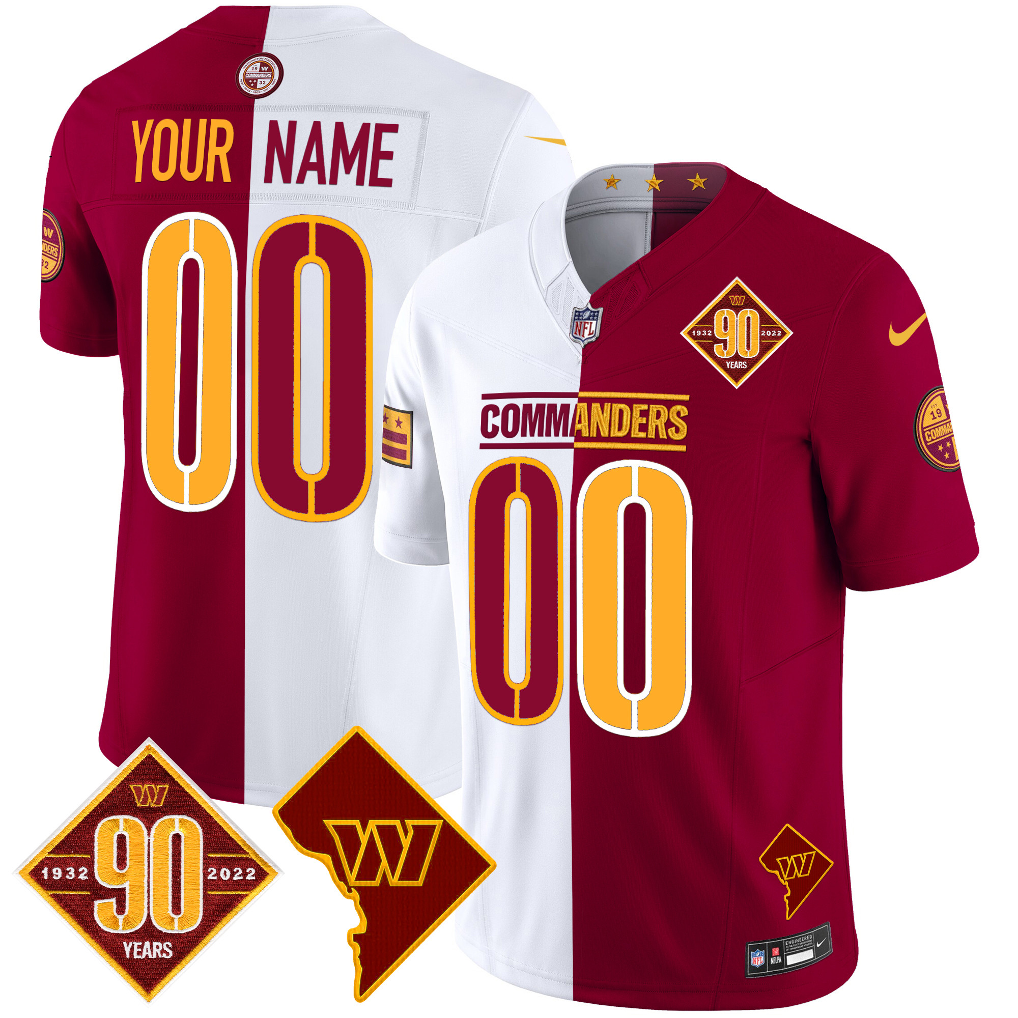 Men's Washington Commanders 90th Anniversary & Home Patch Vapor Limited Custom Half Jersey - All Stitched