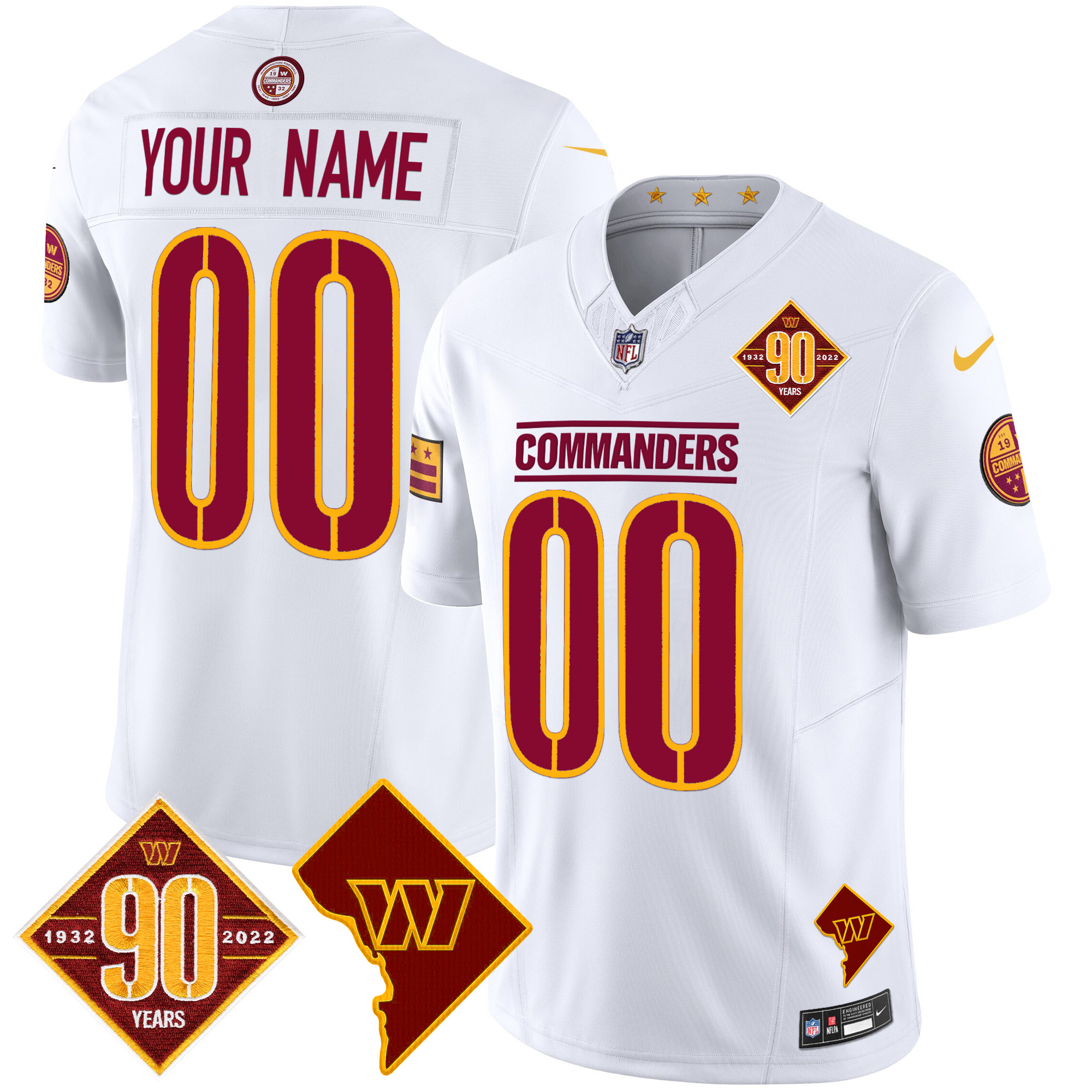 Men's Washington Commanders 90th Anniversary & Home Patch Vapor Limited Custom White Jersey - All Stitched