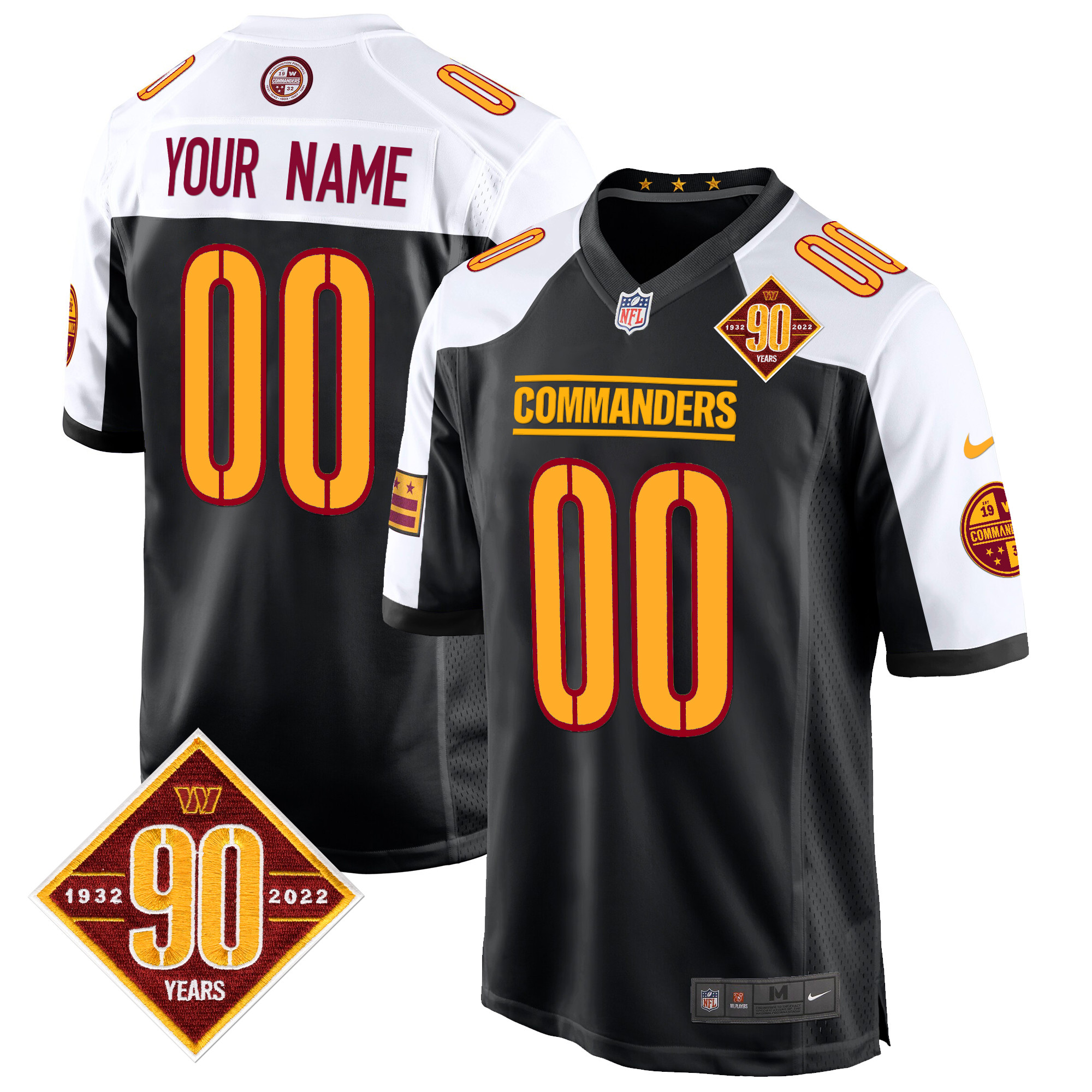 Men's Washington Commanders 90th Anniversary Patch Game Custom Black Alternate Jersey - All Stitched