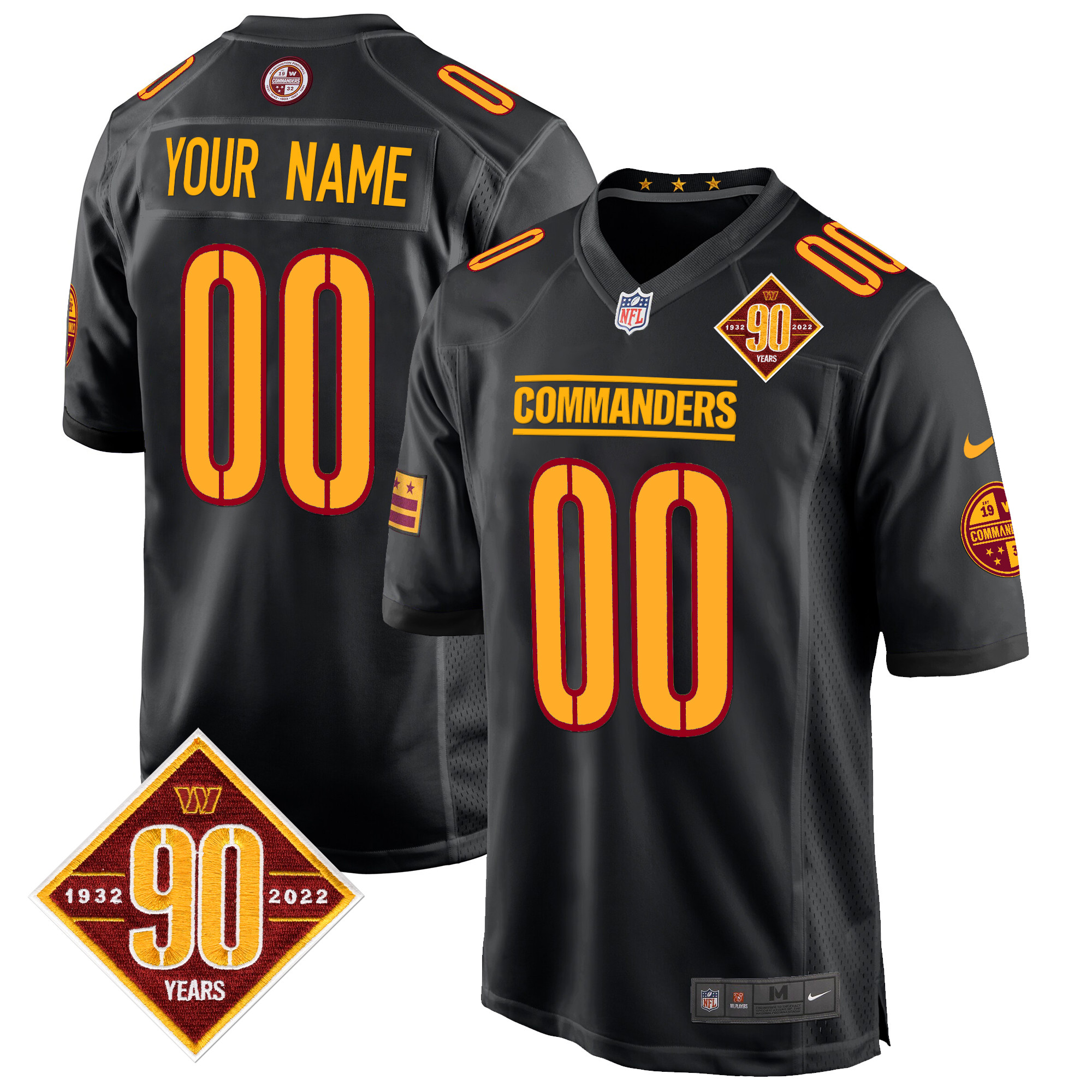 Men's Washington Commanders 90th Anniversary Patch Game Custom Black Jersey - All Stitched