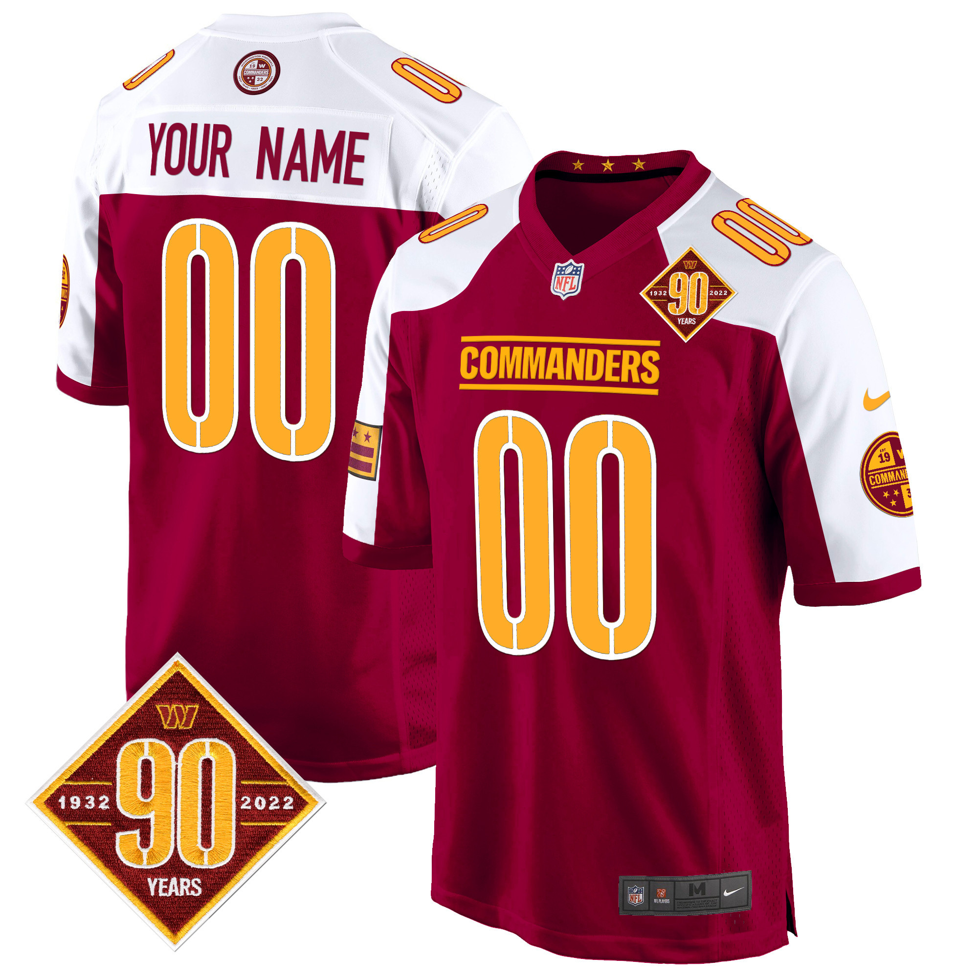 Men's Washington Commanders 90th Anniversary Patch Game Custom Burgundy Alternate Jersey - All Stitched
