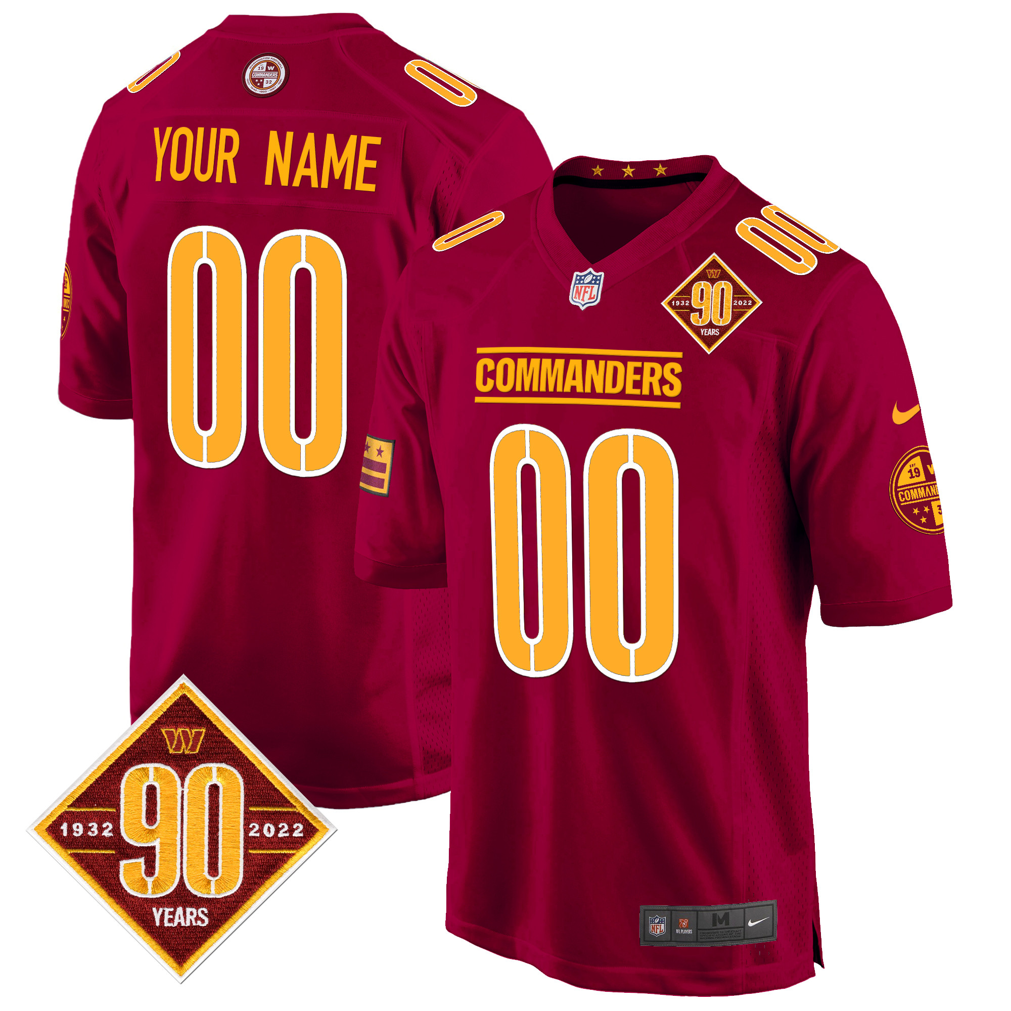 Men's Washington Commanders 90th Anniversary Patch Game Custom Burgundy Jersey - All Stitched
