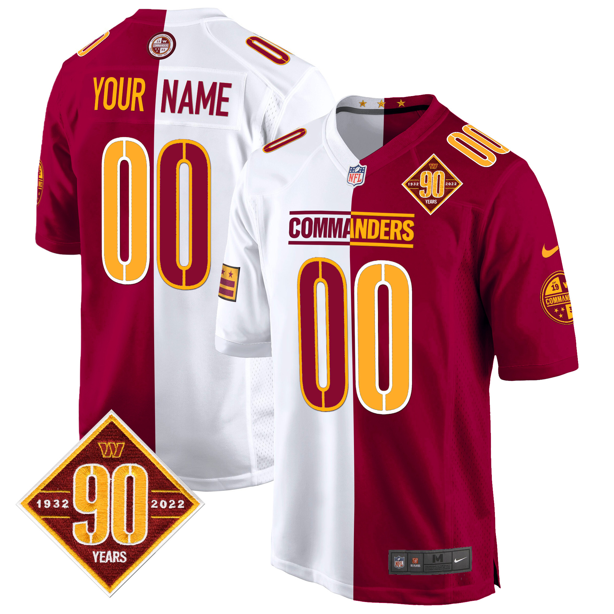 Men's Washington Commanders 90th Anniversary Patch Game Custom Half Jersey - All Stitched