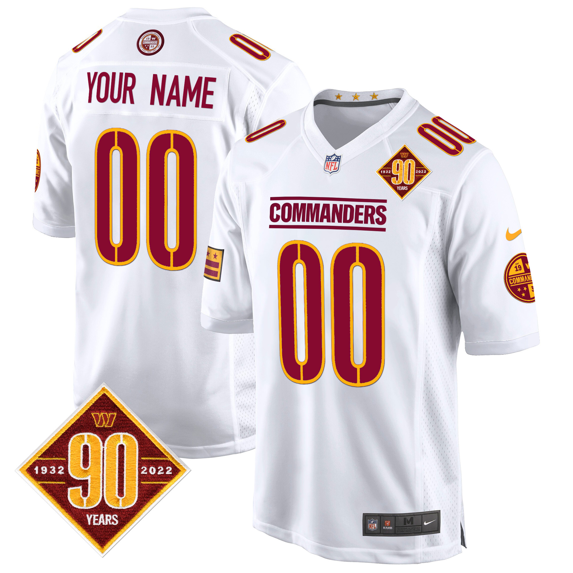 Men's Washington Commanders 90th Anniversary Patch Game Custom White Jersey - All Stitched