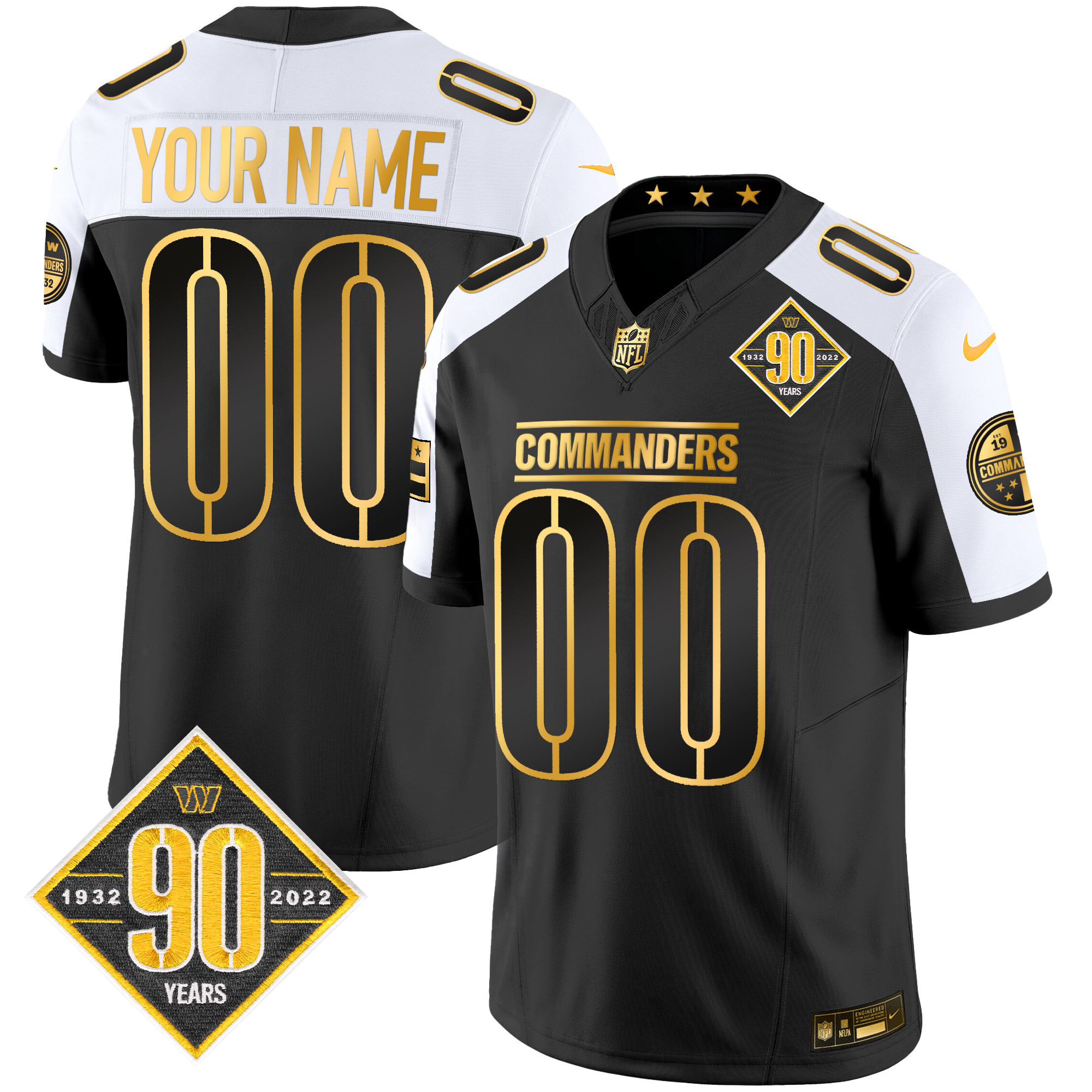 Men's Washington Commanders 90th Anniversary Patch Gold Vapor Custom Alternate Jersey - All Stitched