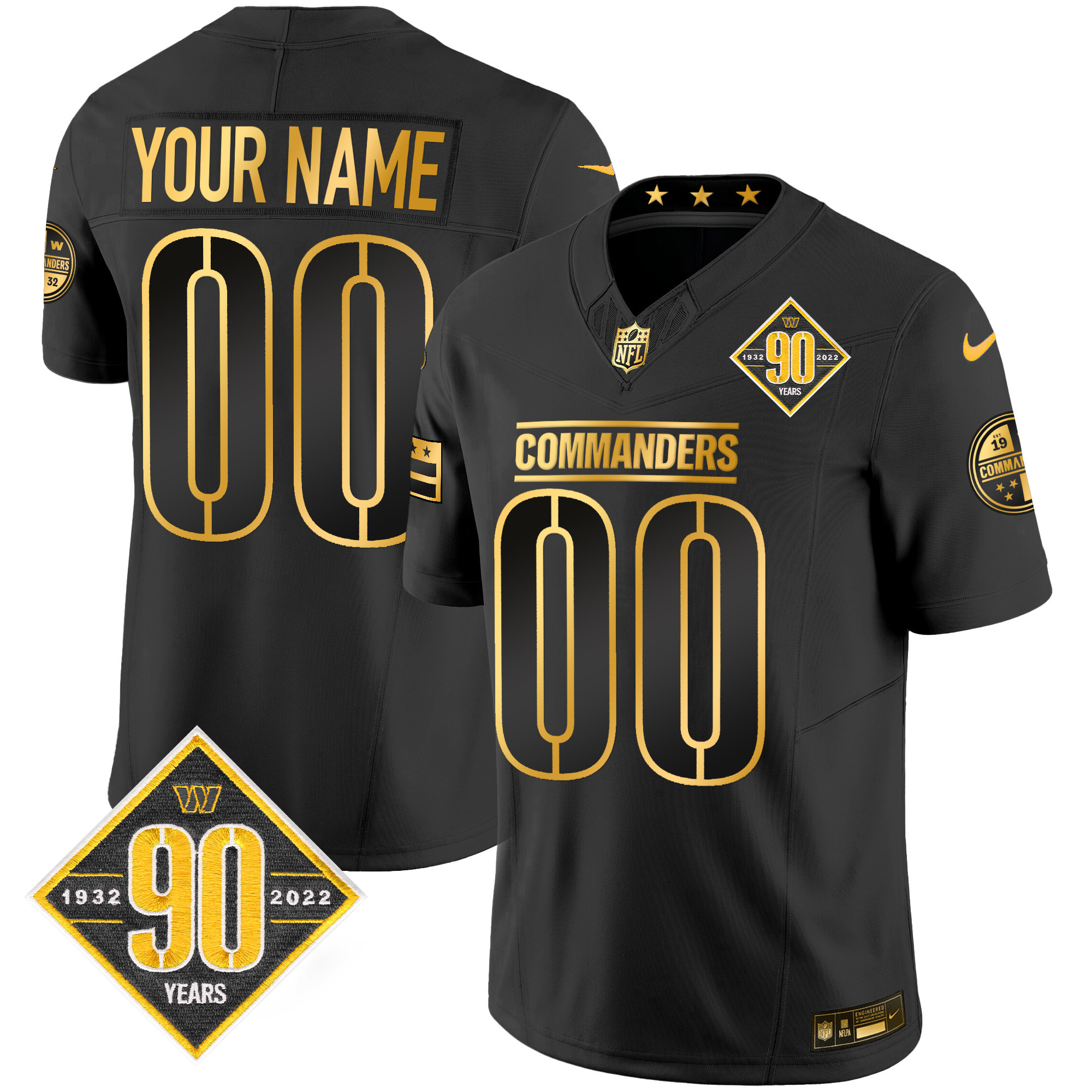 Men's Washington Commanders 90th Anniversary Patch Gold Vapor Custom Black Gold Jersey - All Stitched