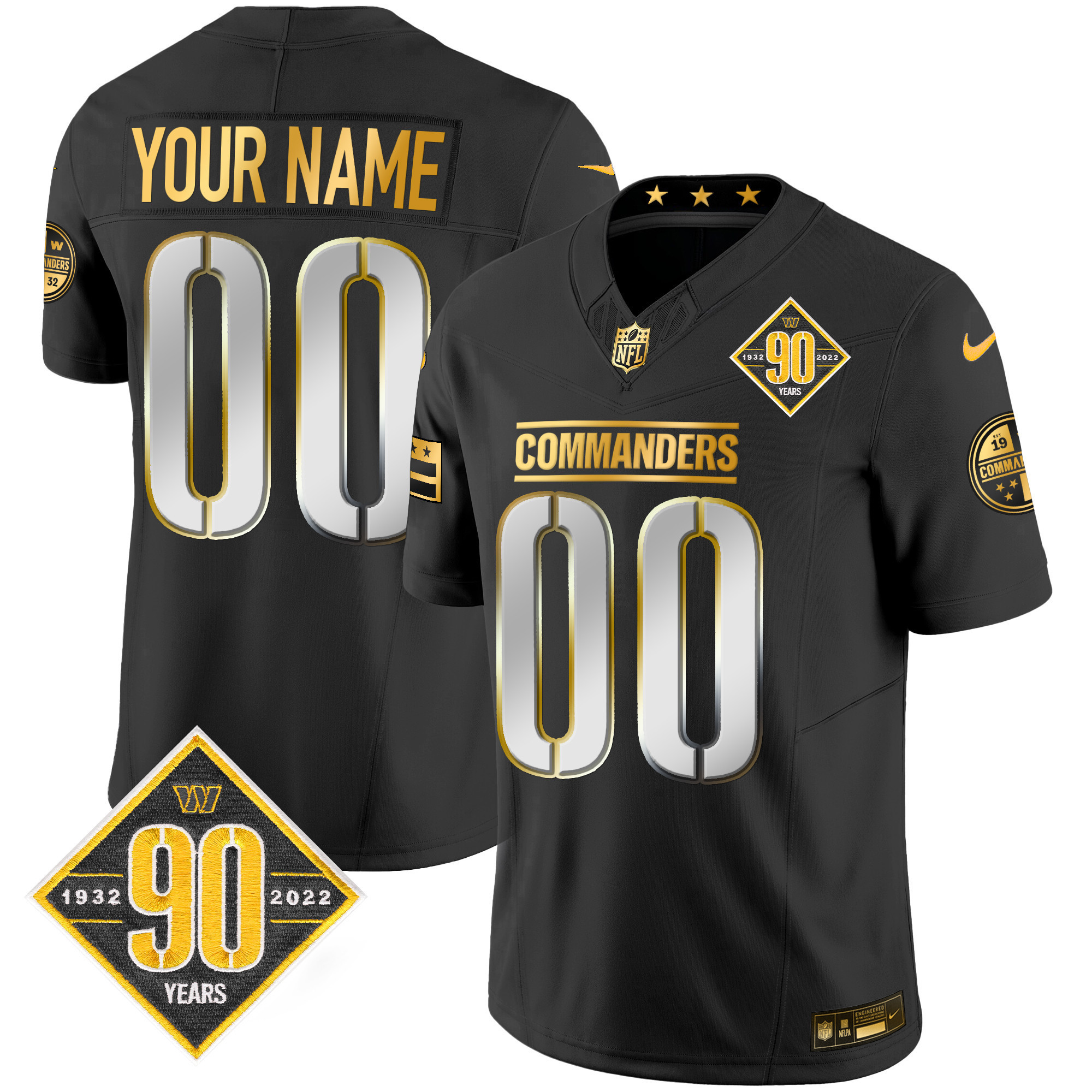 Men's Washington Commanders 90th Anniversary Patch Gold Vapor Custom Black Limited Jersey - All Stitched