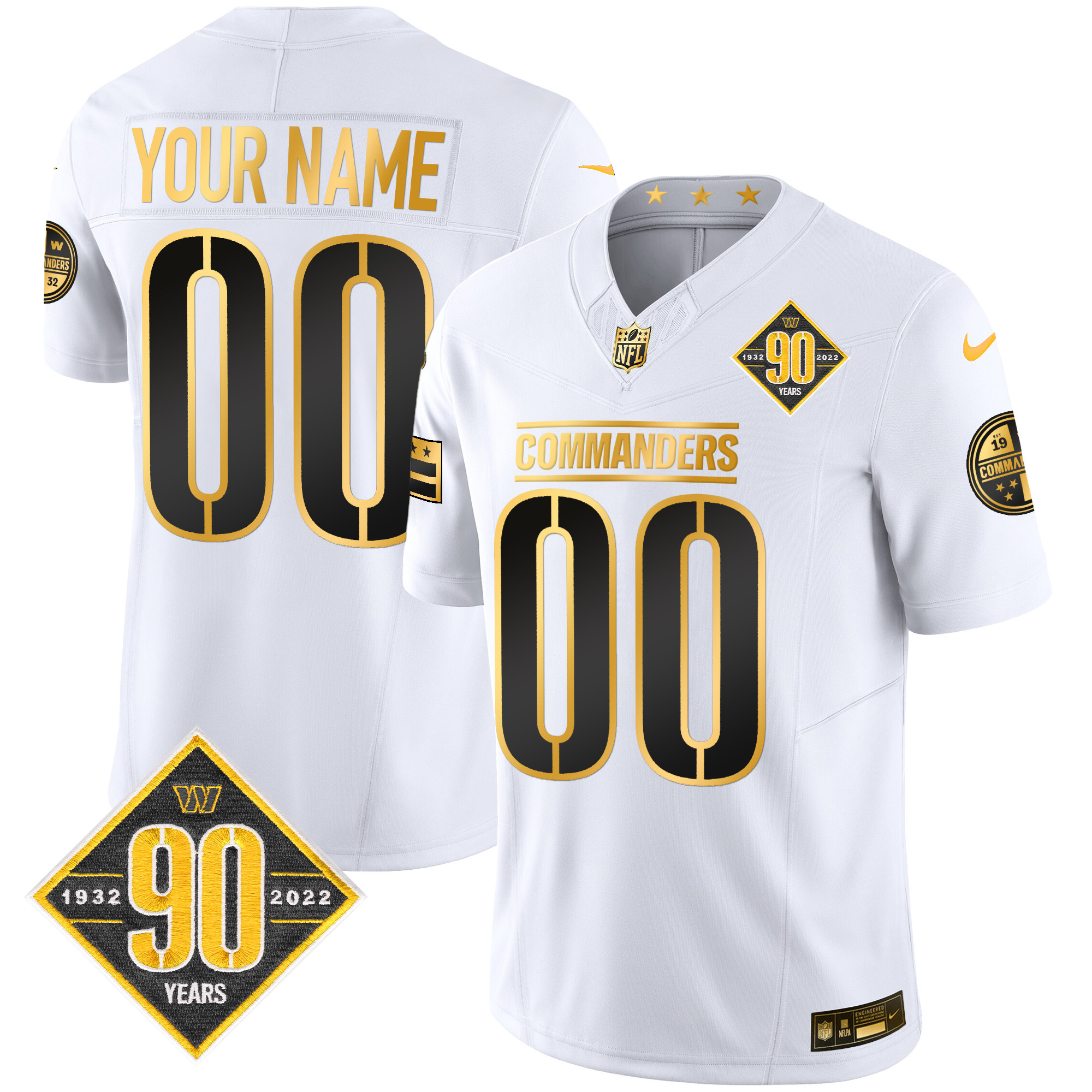 Men's Washington Commanders 90th Anniversary Patch Gold Vapor Custom White Gold Jersey - All Stitched