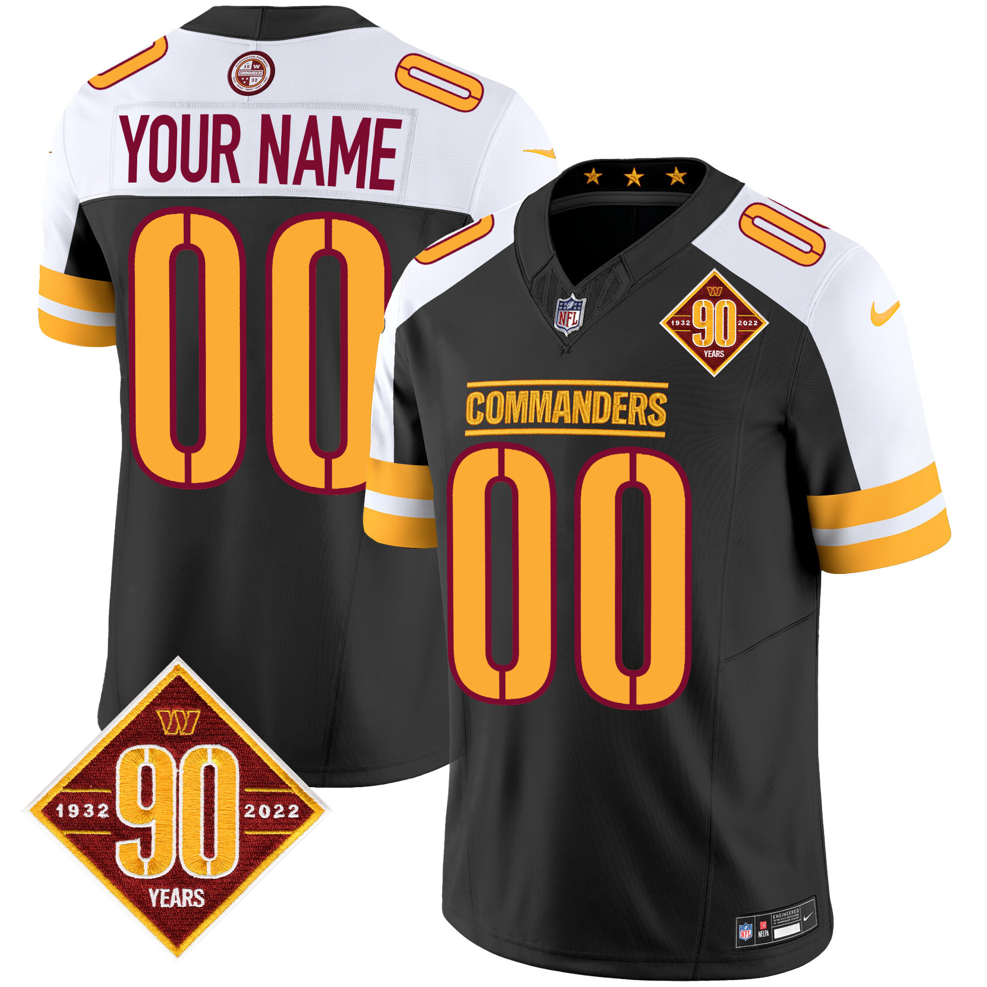 Men's Washington Commanders 90th Anniversary Patch Vapor Custom Black Alternate Jersey - All Stitched