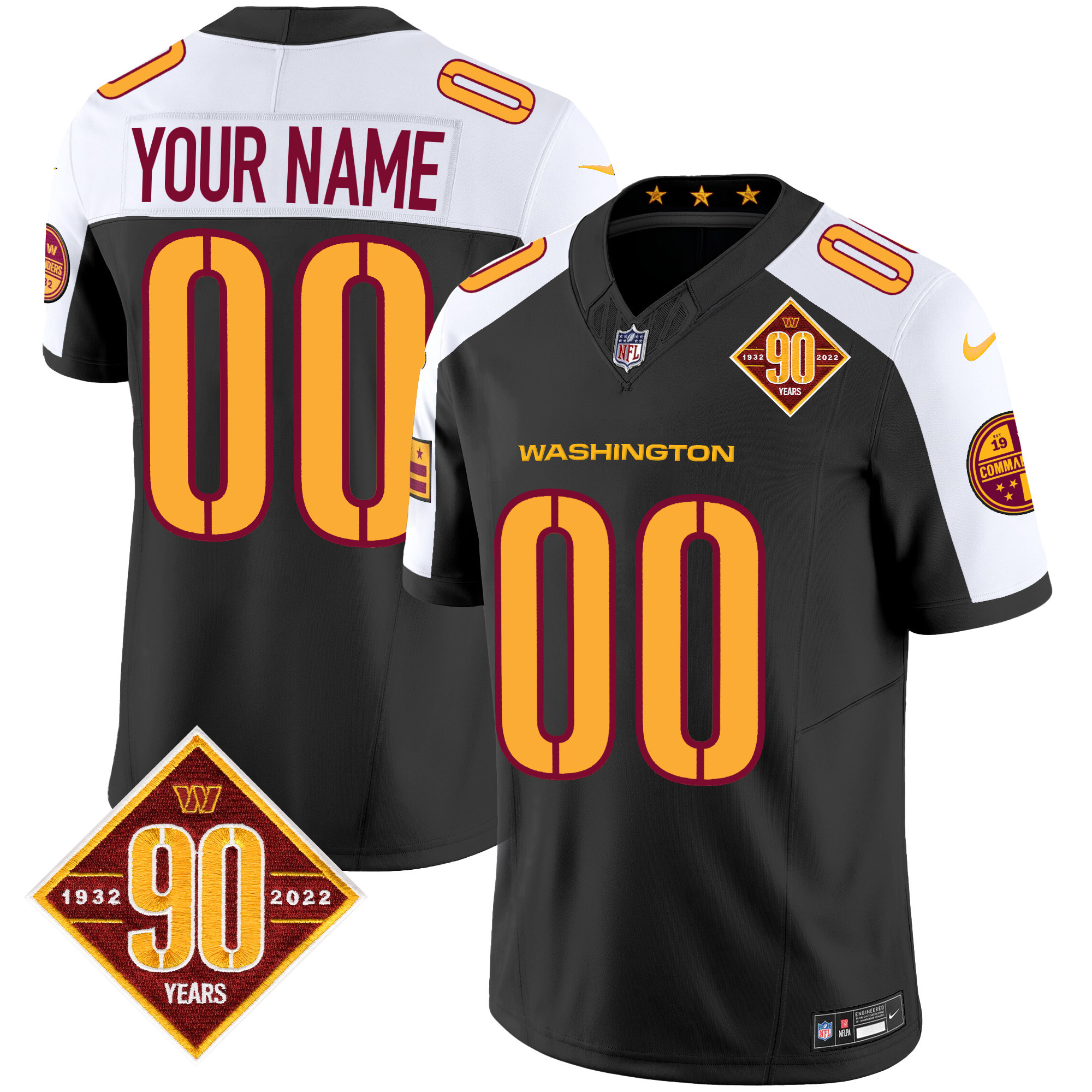 Men's Washington Commanders 90th Anniversary Patch Vapor Custom Black Alternate Jersey - All Stitched