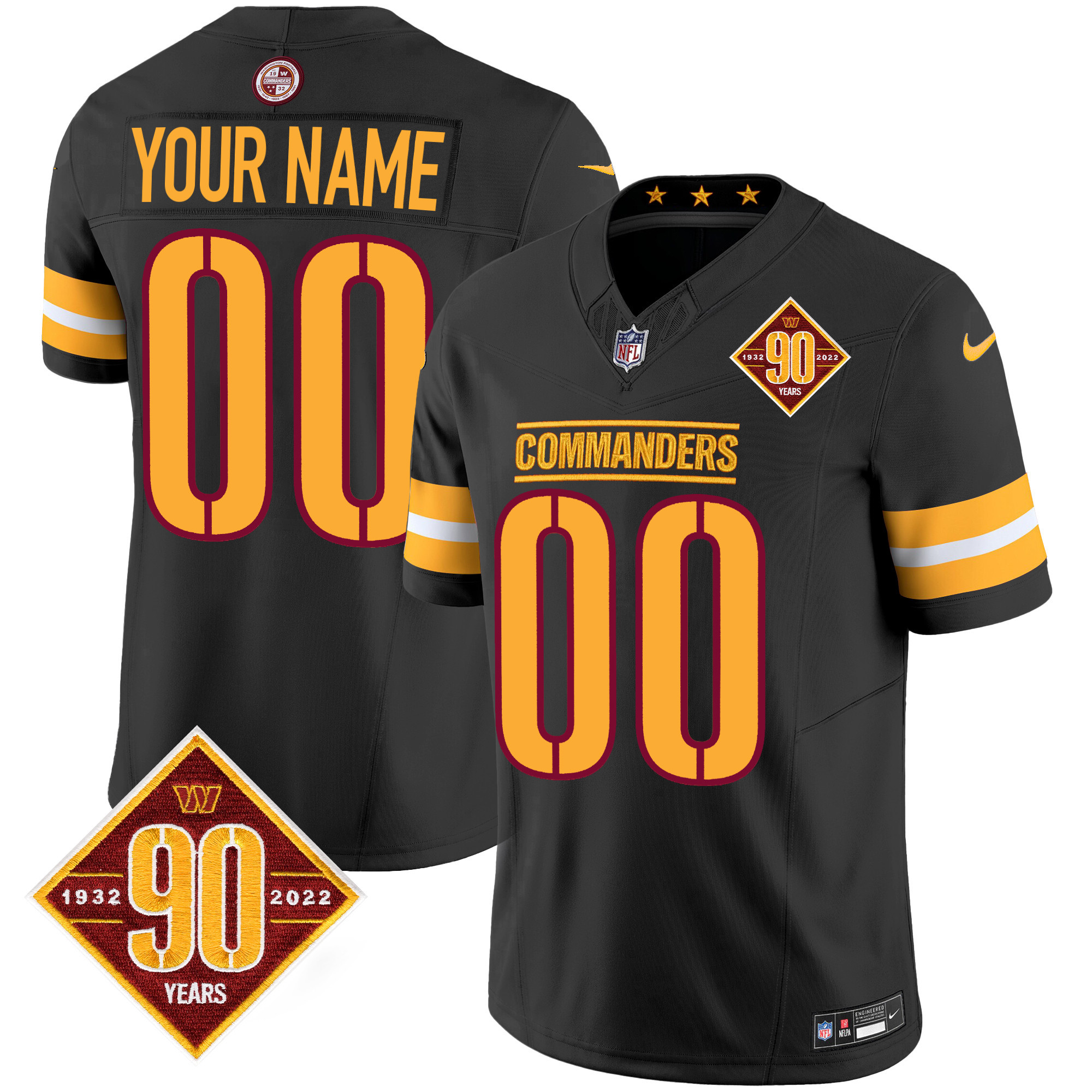 Men's Washington Commanders 90th Anniversary Patch Vapor Custom Black Jersey - All Stitched