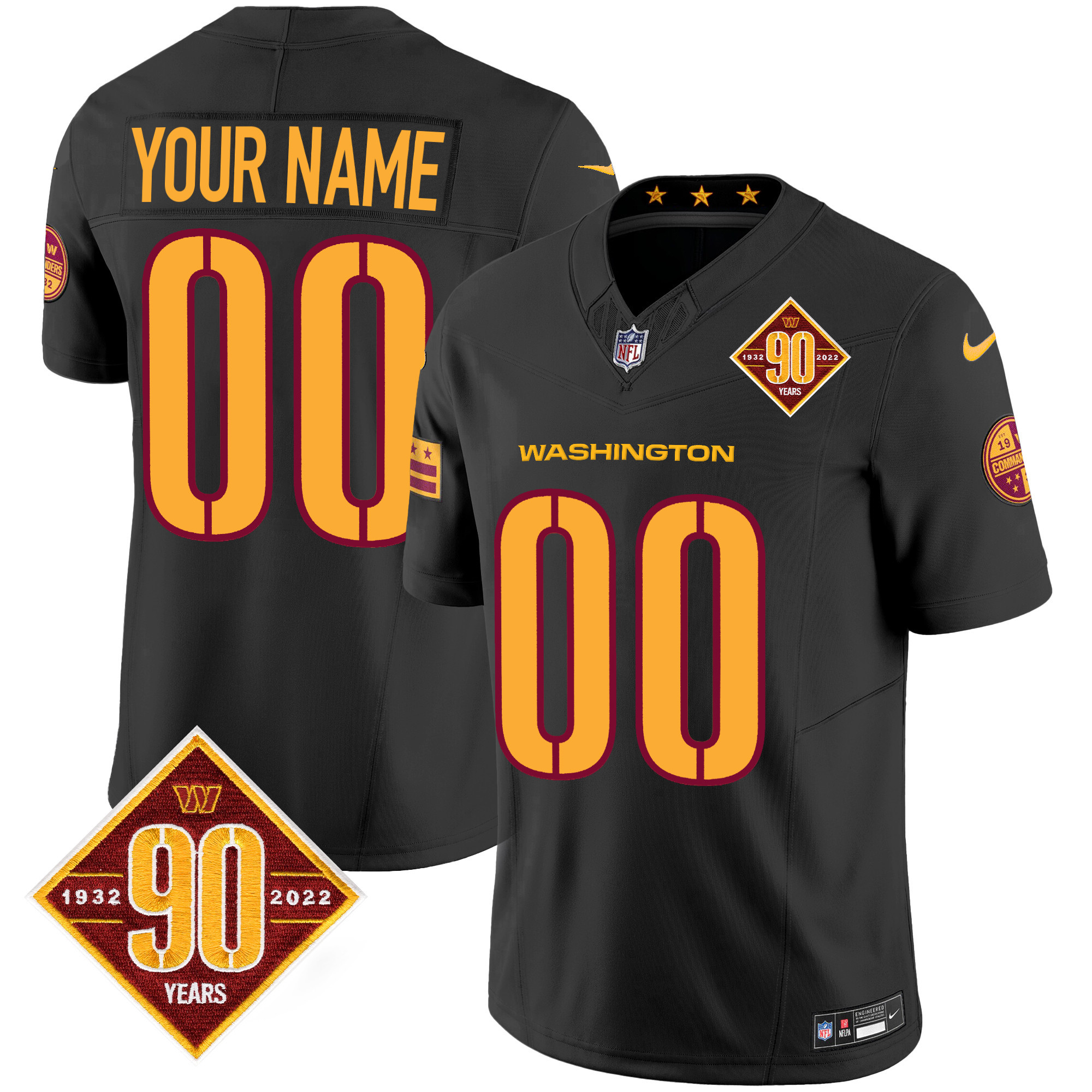 Men's Washington Commanders 90th Anniversary Patch Vapor Custom Black Jersey - All Stitched