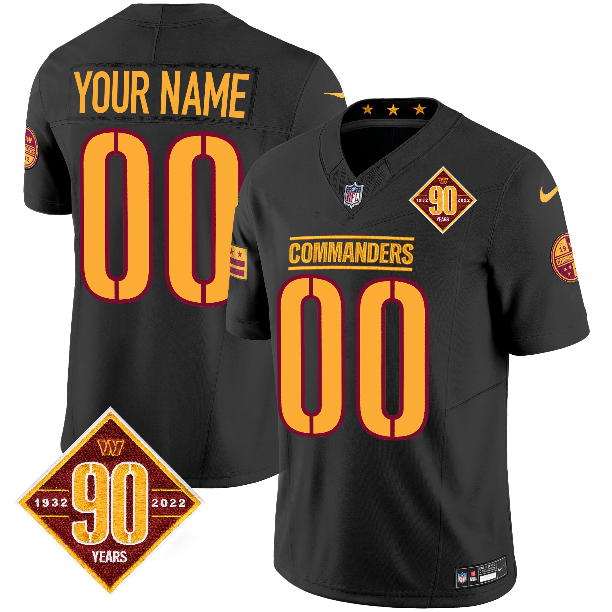 Men's Washington Commanders 90th Anniversary Patch Vapor Custom Black Jersey - All Stitched
