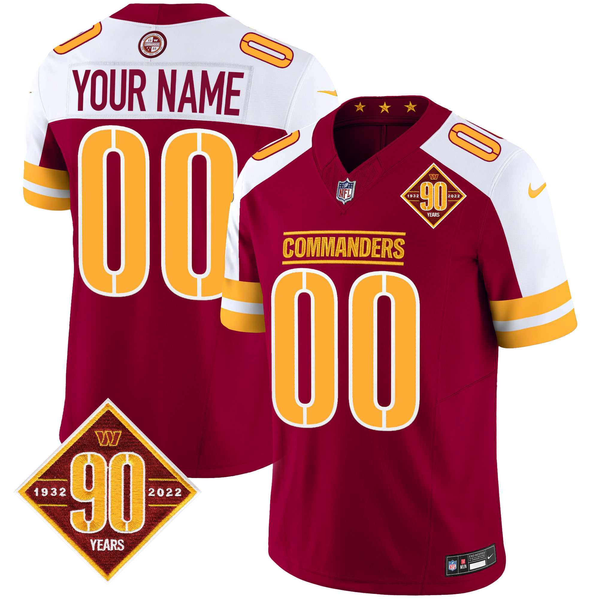 Men's Washington Commanders 90th Anniversary Patch Vapor Custom Burgundy Alternate Jersey - All Stitched