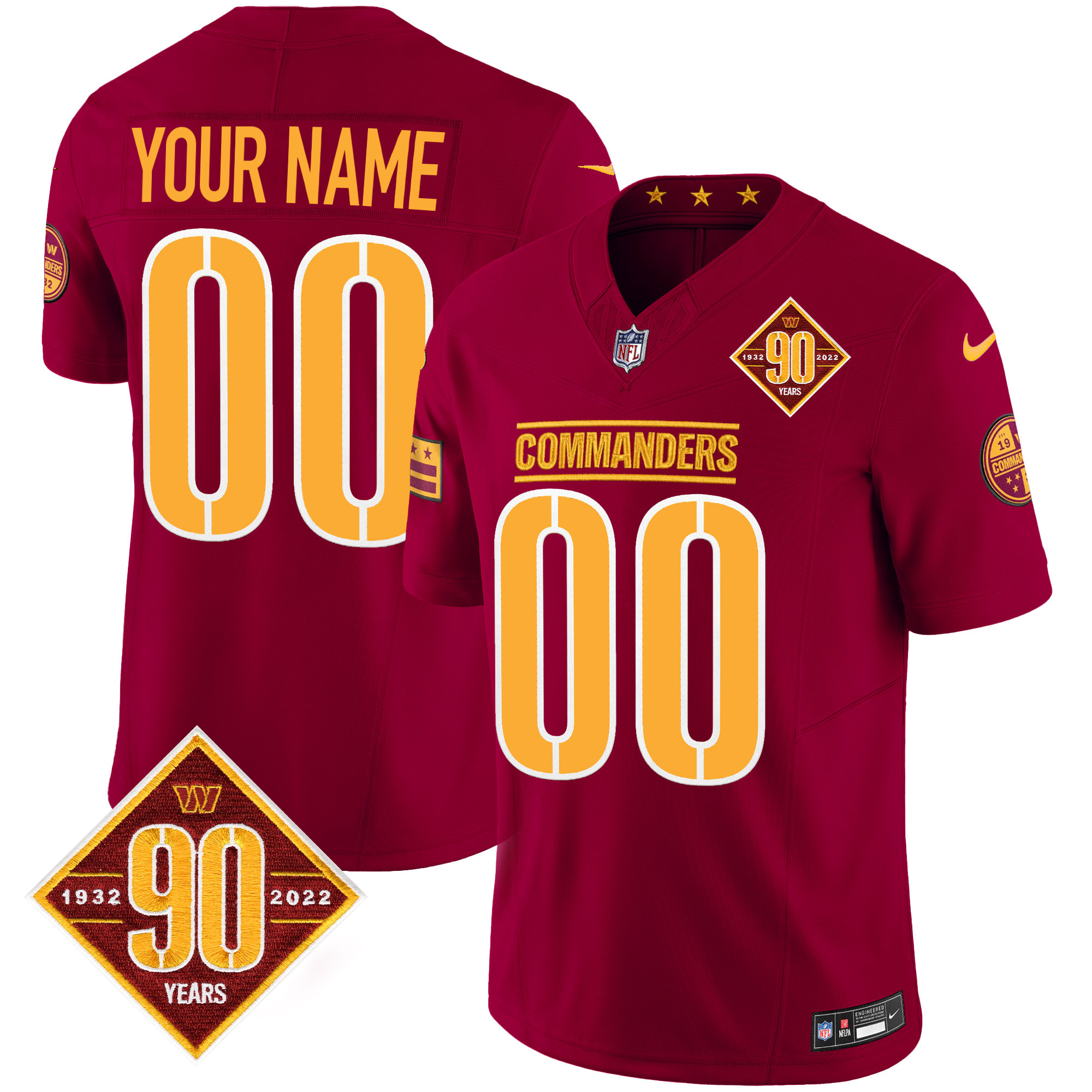 Men's Washington Commanders 90th Anniversary Patch Vapor Custom Burgundy Jersey - All Stitched