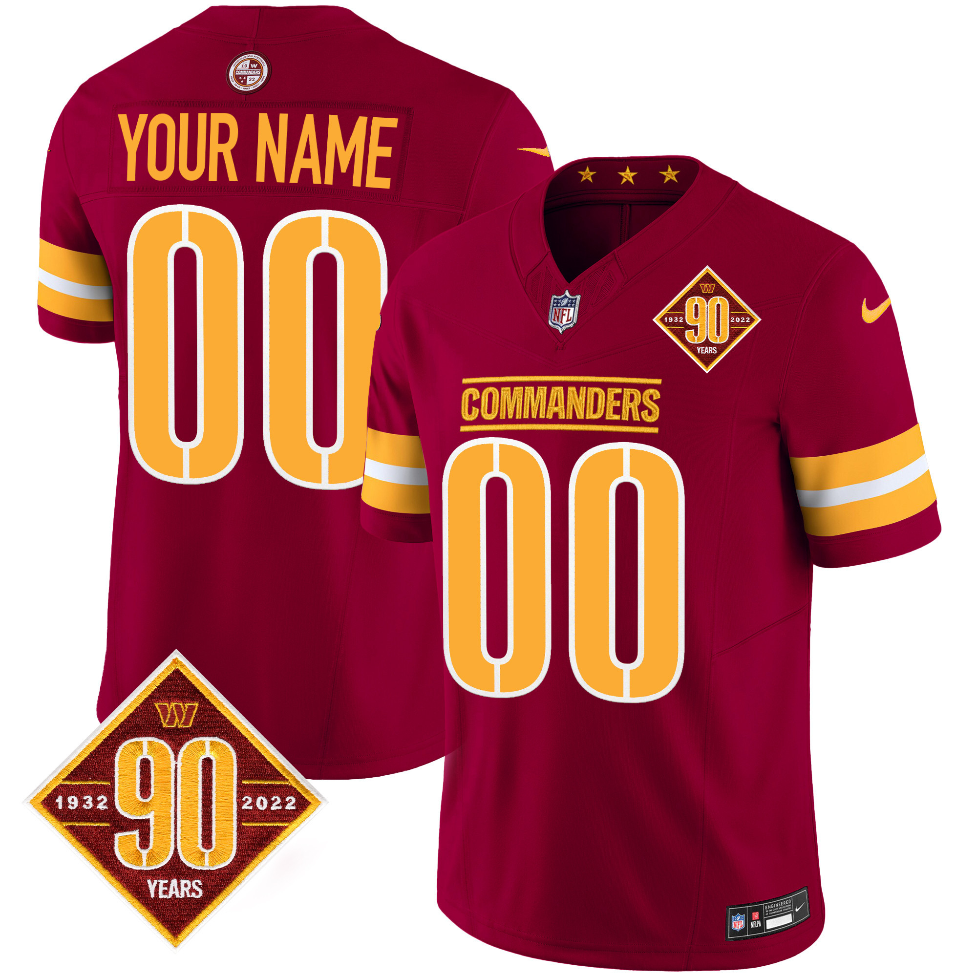 Men's Washington Commanders 90th Anniversary Patch Vapor Custom Burgundy Jersey - All Stitched