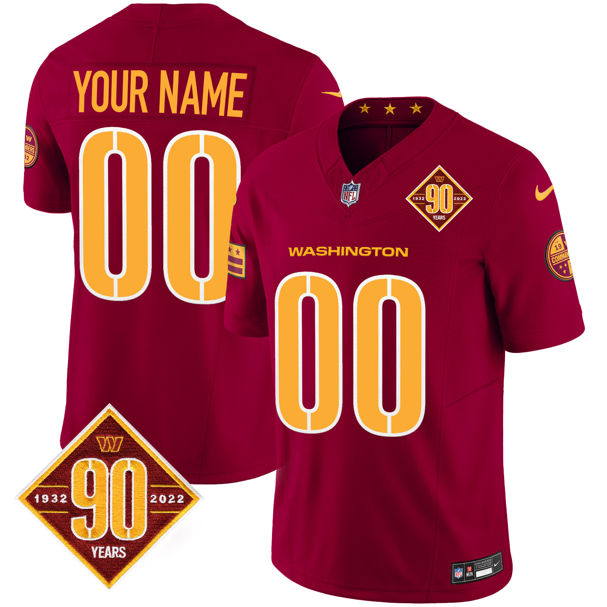 Men's Washington Commanders 90th Anniversary Patch Vapor Custom Burgundy Jersey - All Stitched