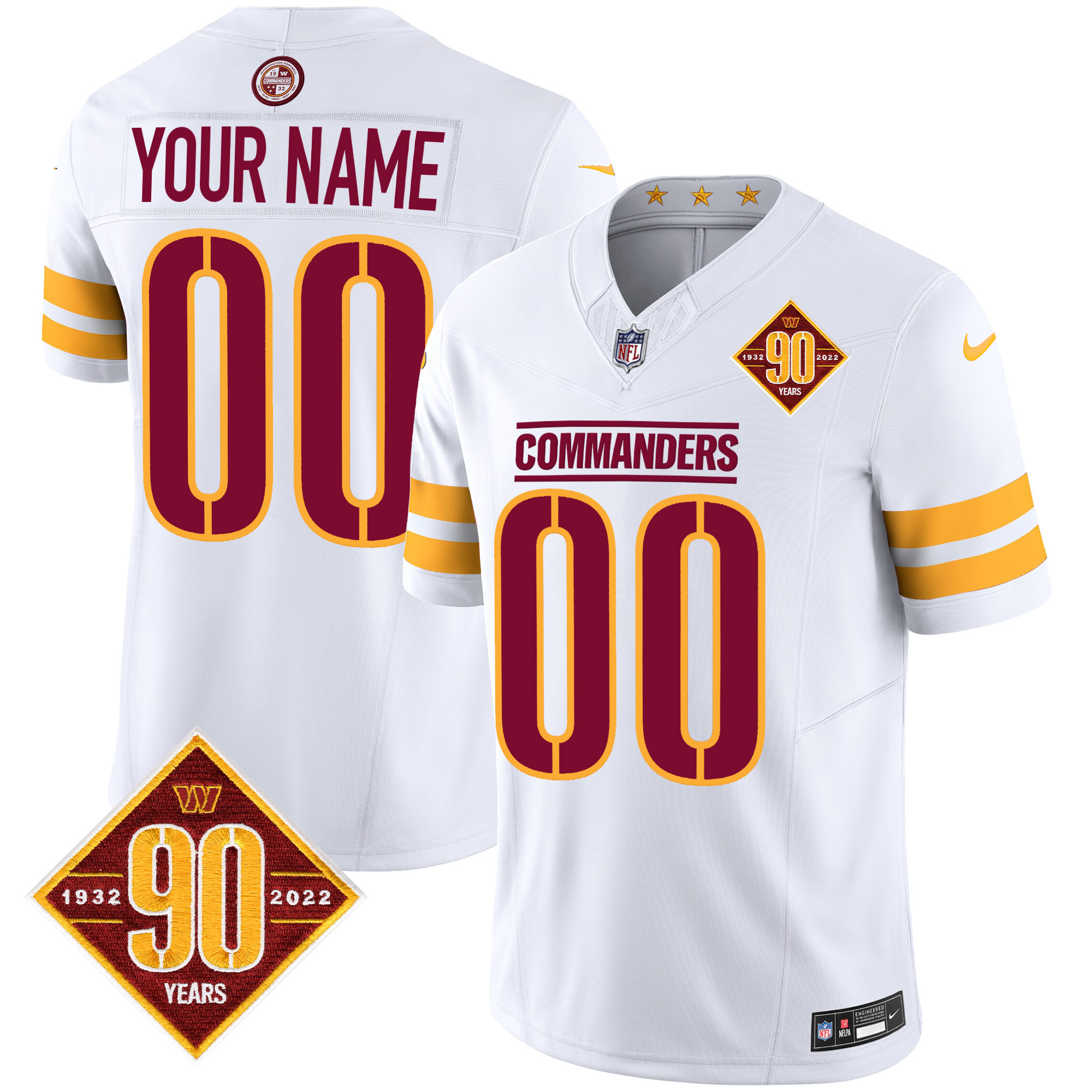 Men's Washington Commanders 90th Anniversary Patch Vapor Custom White Jersey - All Stitched
