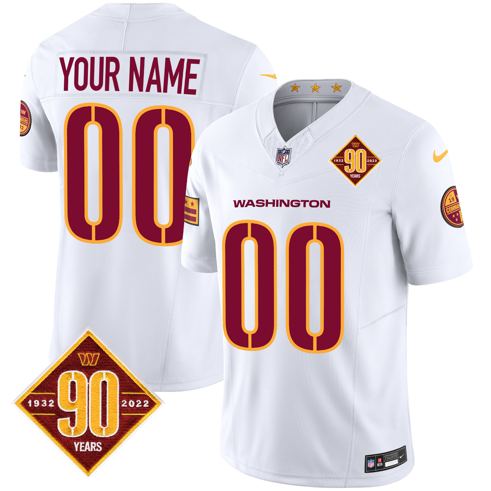 Men's Washington Commanders 90th Anniversary Patch Vapor Custom White Jersey - All Stitched