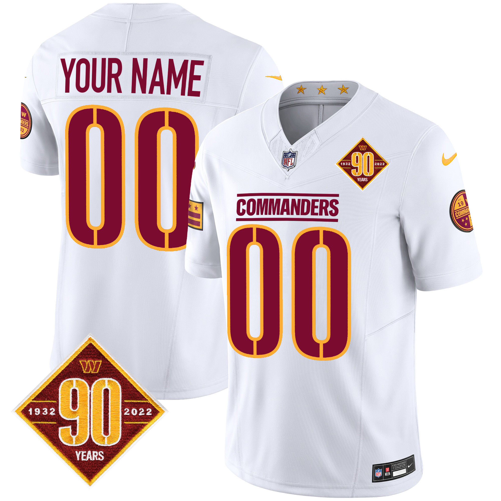 Men's Washington Commanders 90th Anniversary Patch Vapor Custom White Jersey - All Stitched