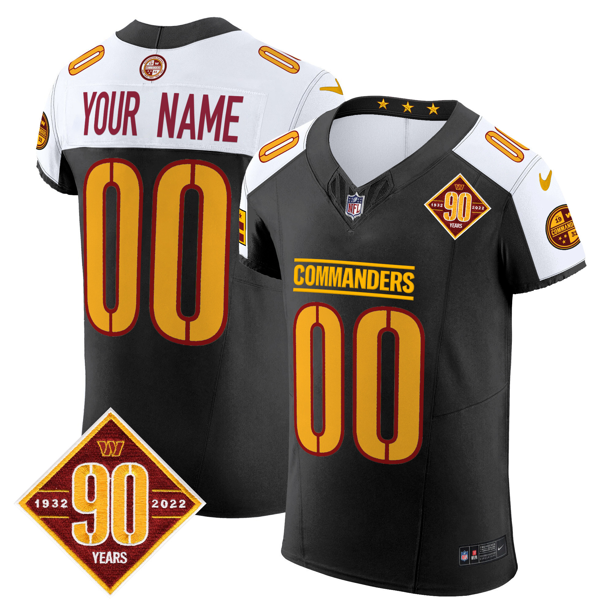 Men's Washington Commanders 90th Anniversary Patch Vapor Elite Custom Black Alternate Jersey - All Stitched