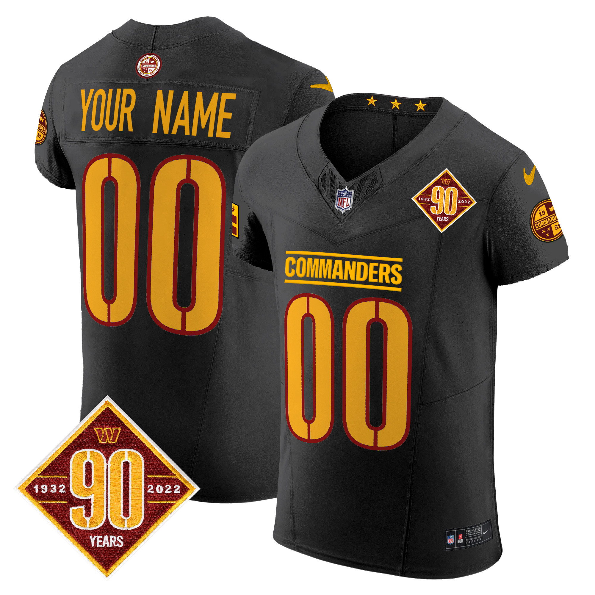 Men's Washington Commanders 90th Anniversary Patch Vapor Elite Custom Black Jersey - All Stitched