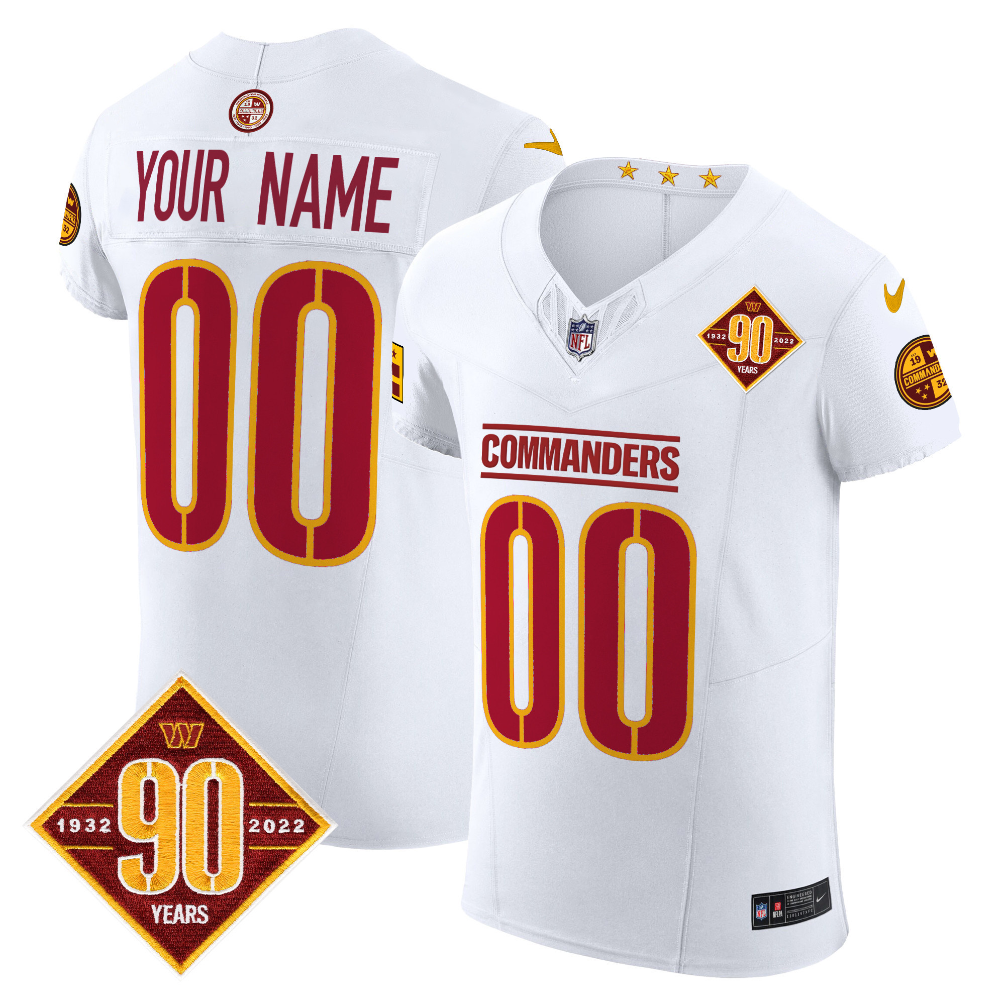 Men's Washington Commanders 90th Anniversary Patch Vapor Elite Custom White Jersey - All Stitched