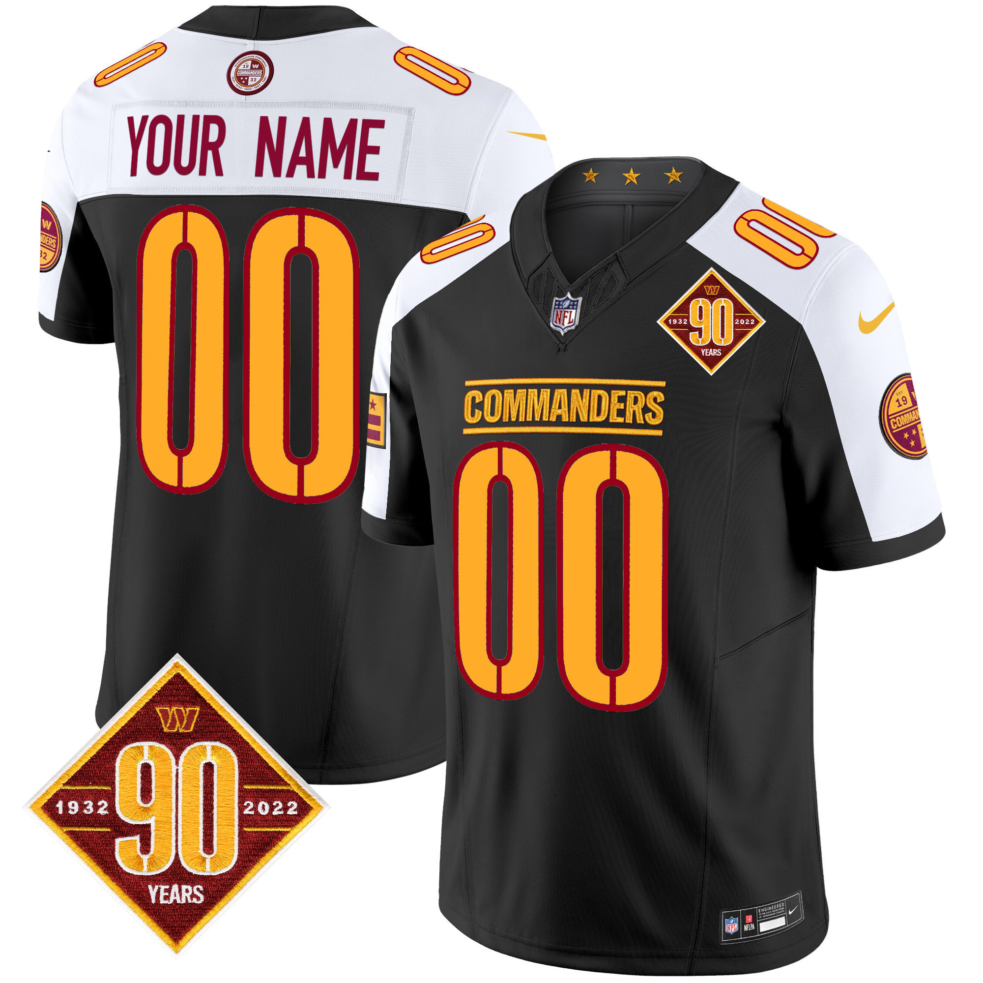 Men's Washington Commanders 90th Anniversary Patch Vapor Limited Custom Black Alternate Jersey - All Stitched