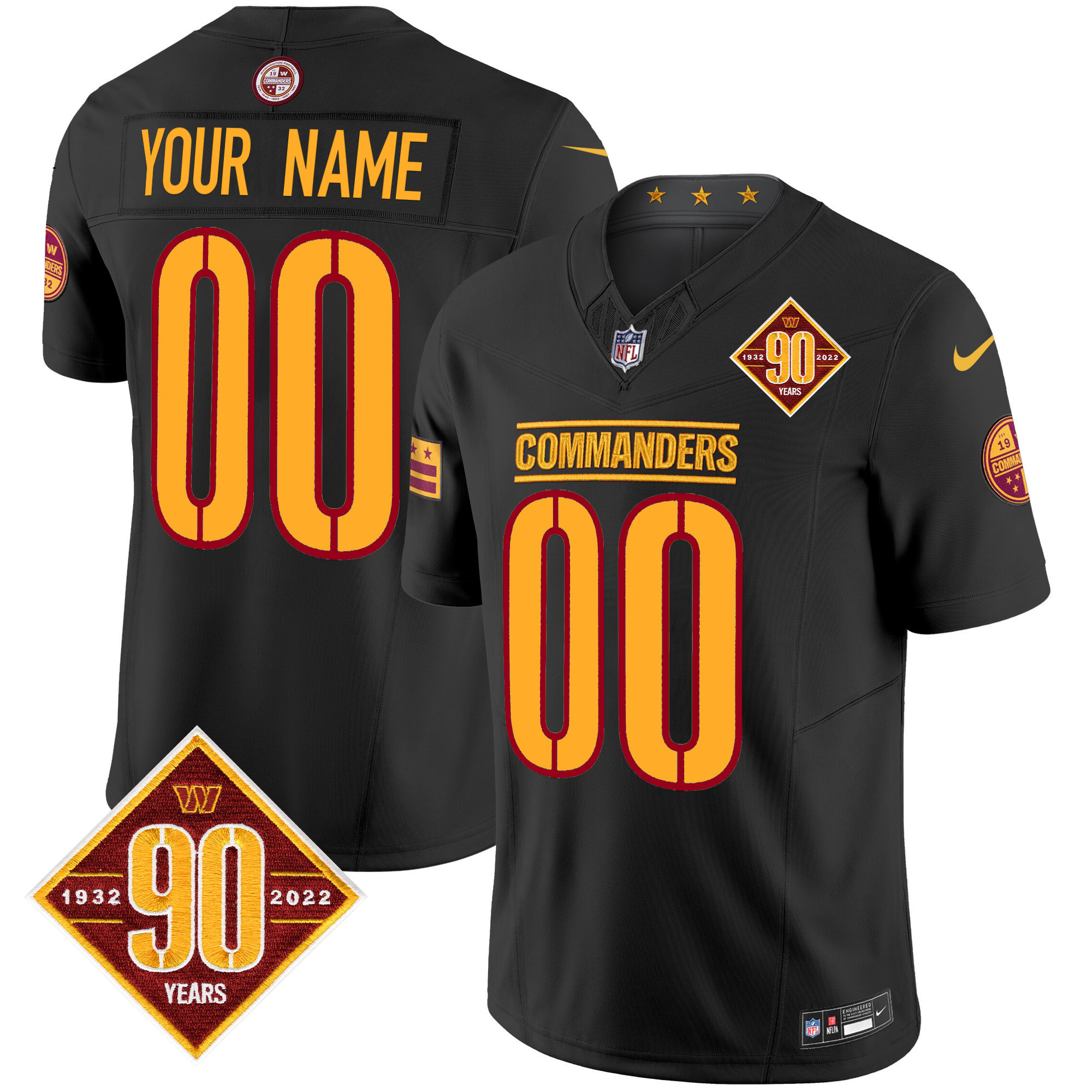 Men's Washington Commanders 90th Anniversary Patch Vapor Limited Custom Black Jersey - All Stitched