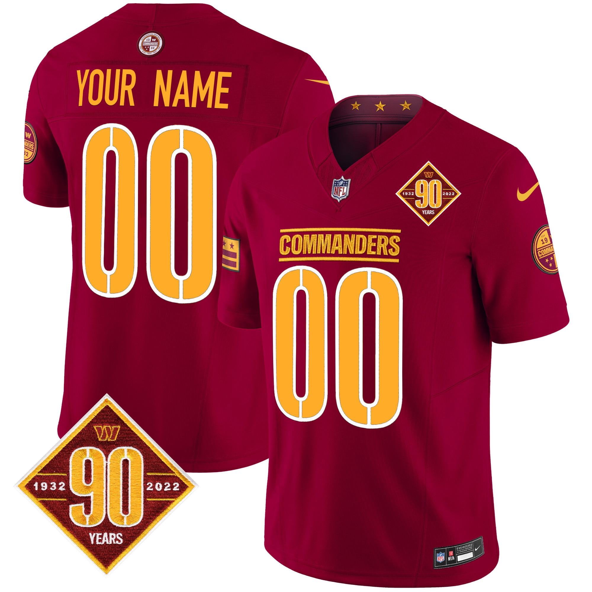 Men's Washington Commanders 90th Anniversary Patch Vapor Limited Custom Burgundy Jersey - All Stitched