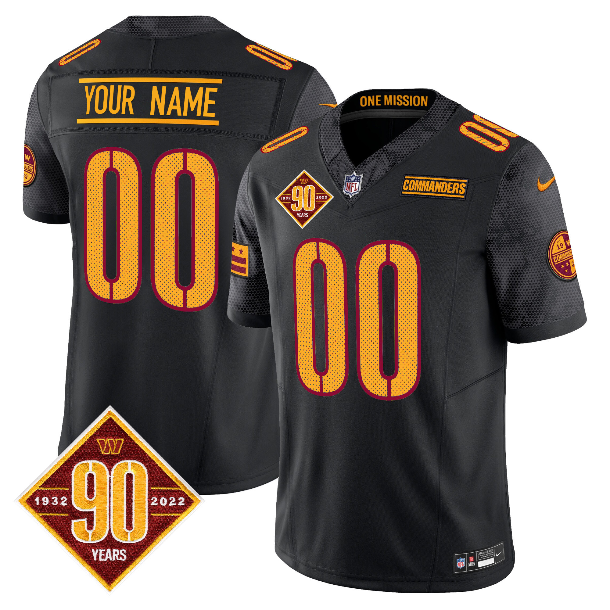 Men's Washington Commanders 90th Anniversary Vapor Limited Custom Black Jersey - All Stitched