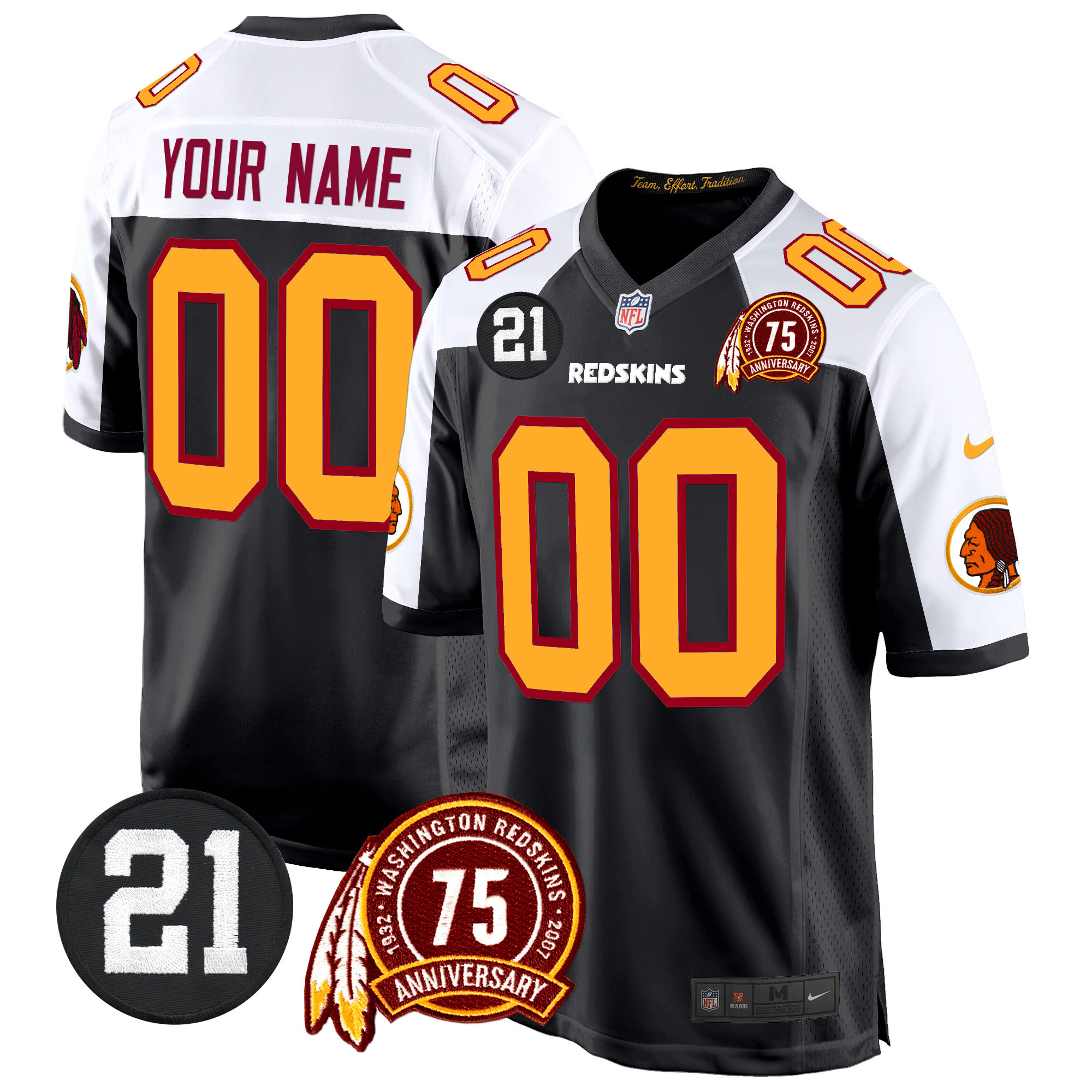 Men's Washington Redskins 75th & Sean Taylor Patch Game Custom Black Alternate Jersey - All Stitched