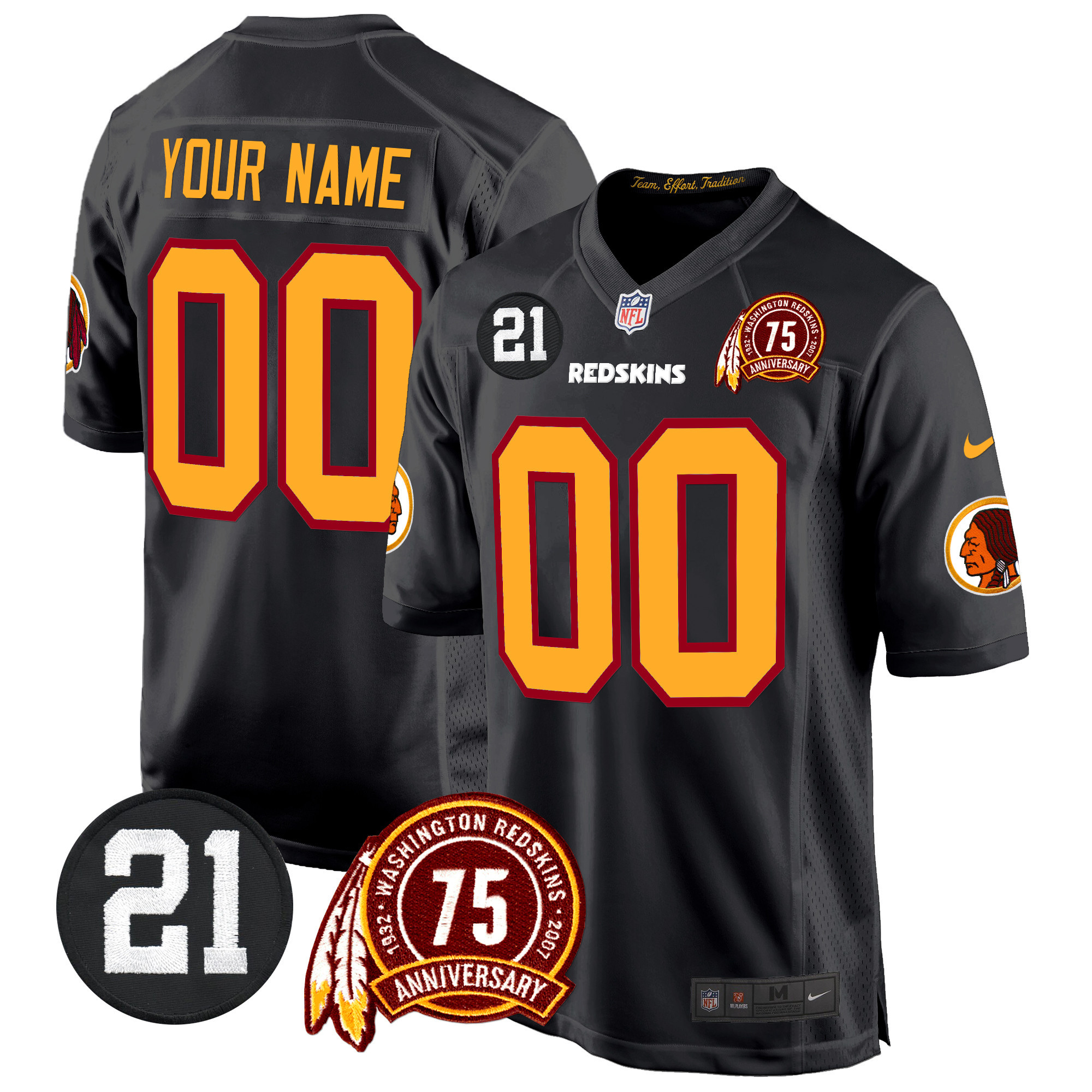 Men's Washington Redskins 75th & Sean Taylor Patch Game Custom Black Jersey - All Stitched