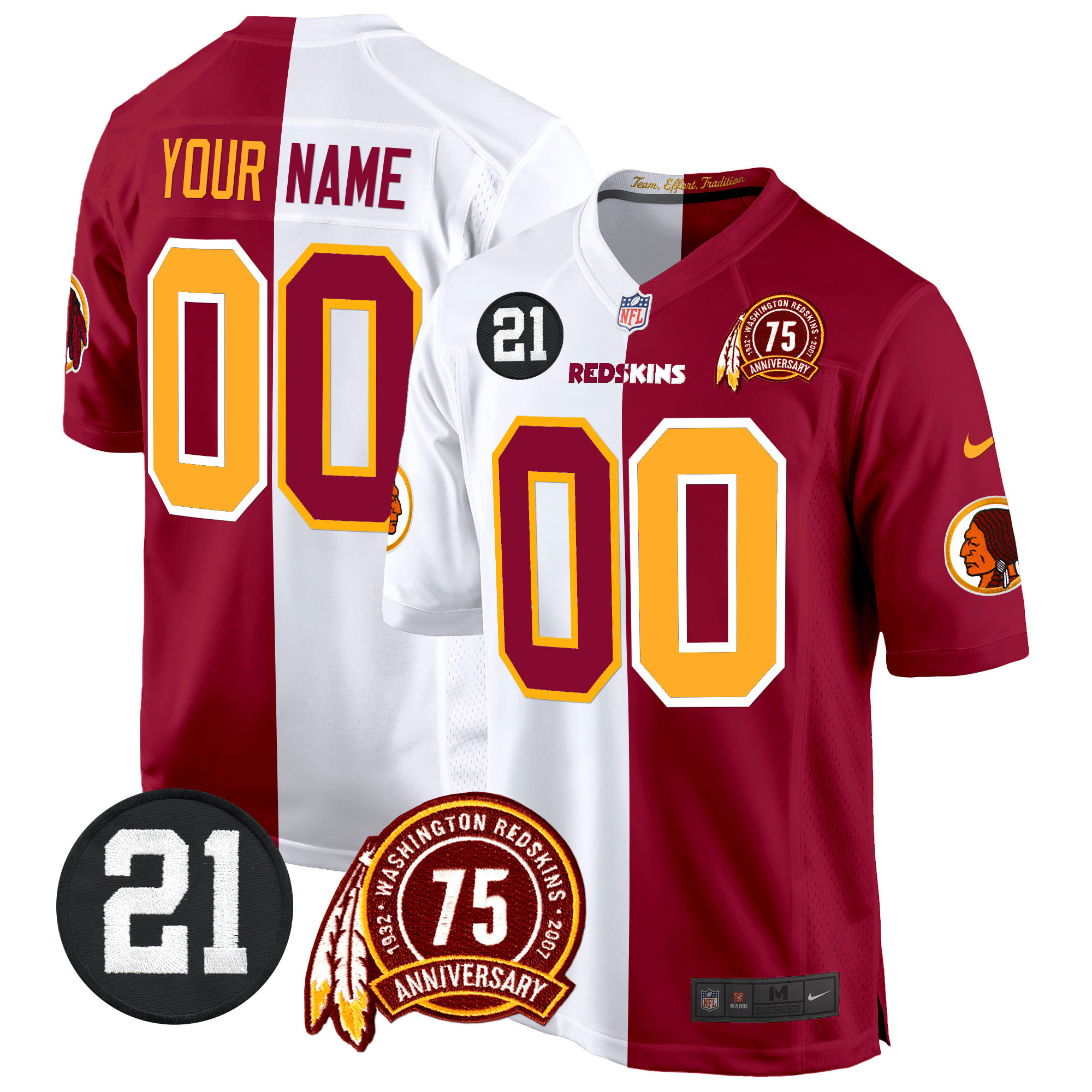 Men's Washington Redskins 75th & Sean Taylor Patch Game Custom Half Jersey - All Stitched