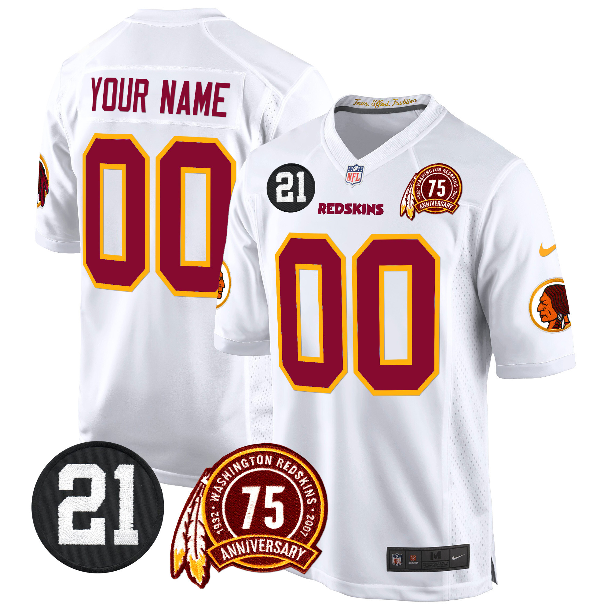 Men's Washington Redskins 75th & Sean Taylor Patch Game Custom White Jersey - All Stitched