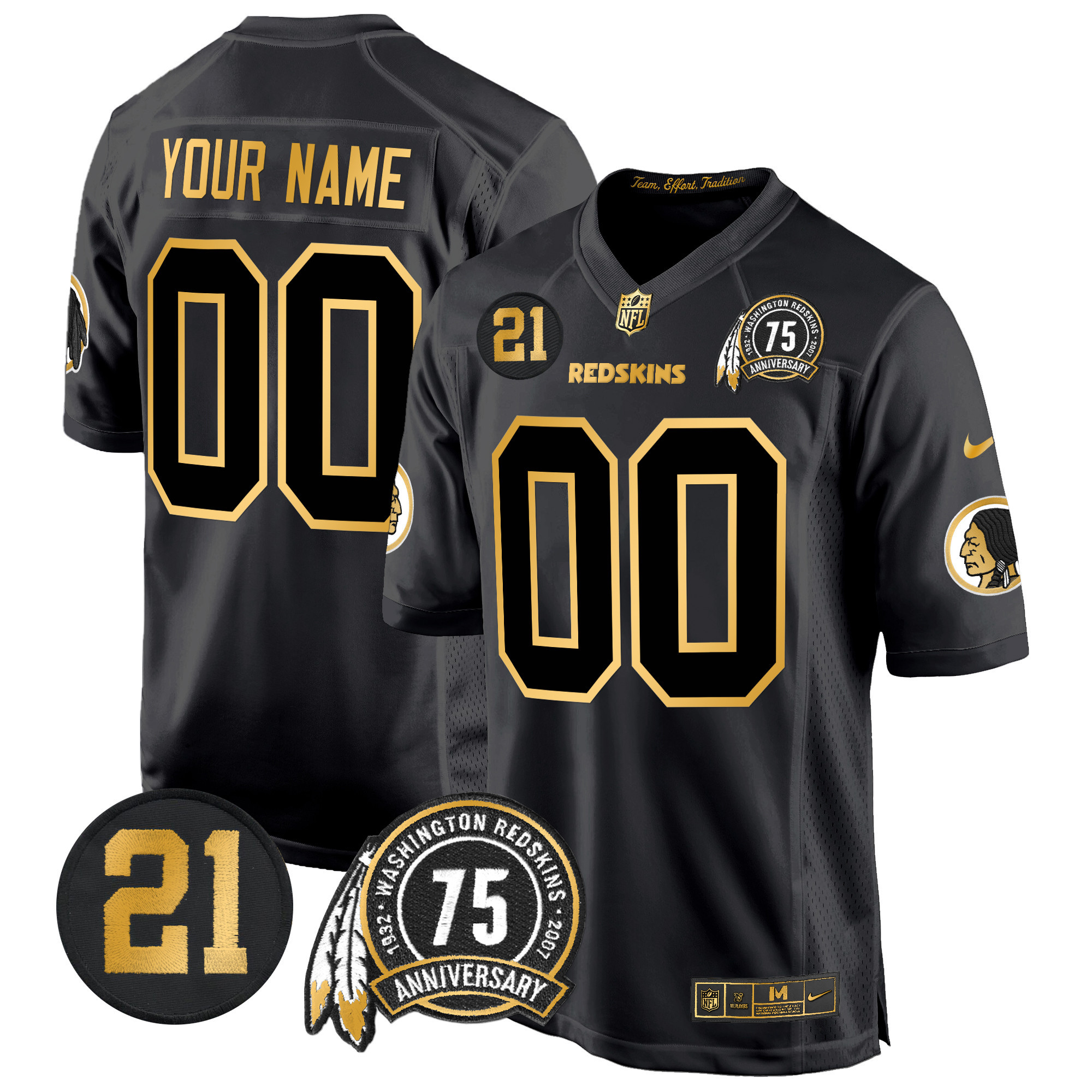 Men's Washington Redskins 75th & Sean Taylor Patch Gold Game Custom Black Gold Jersey - All Stitched