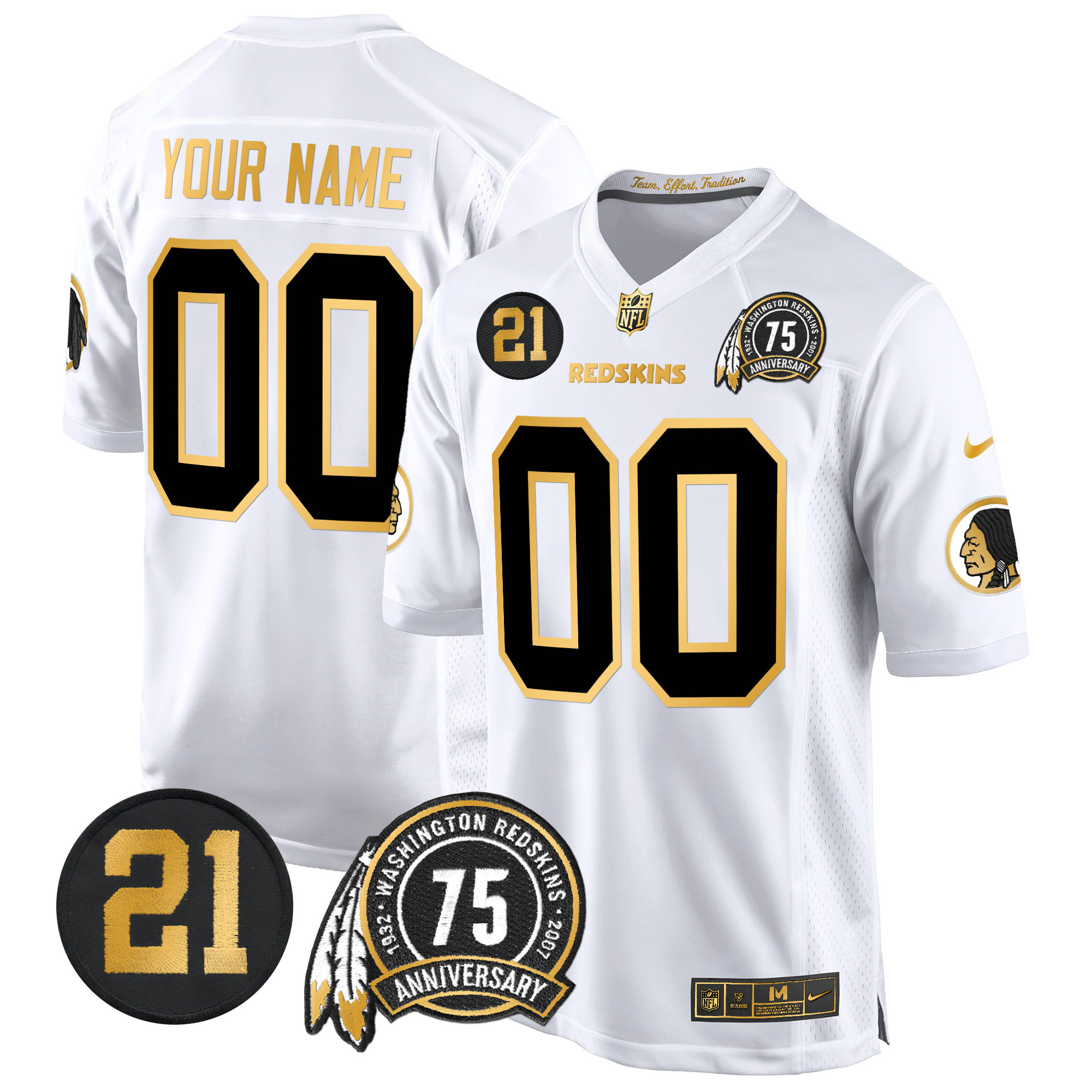 Men's Washington Redskins 75th & Sean Taylor Patch Gold Game Custom White Gold Jersey - All Stitched