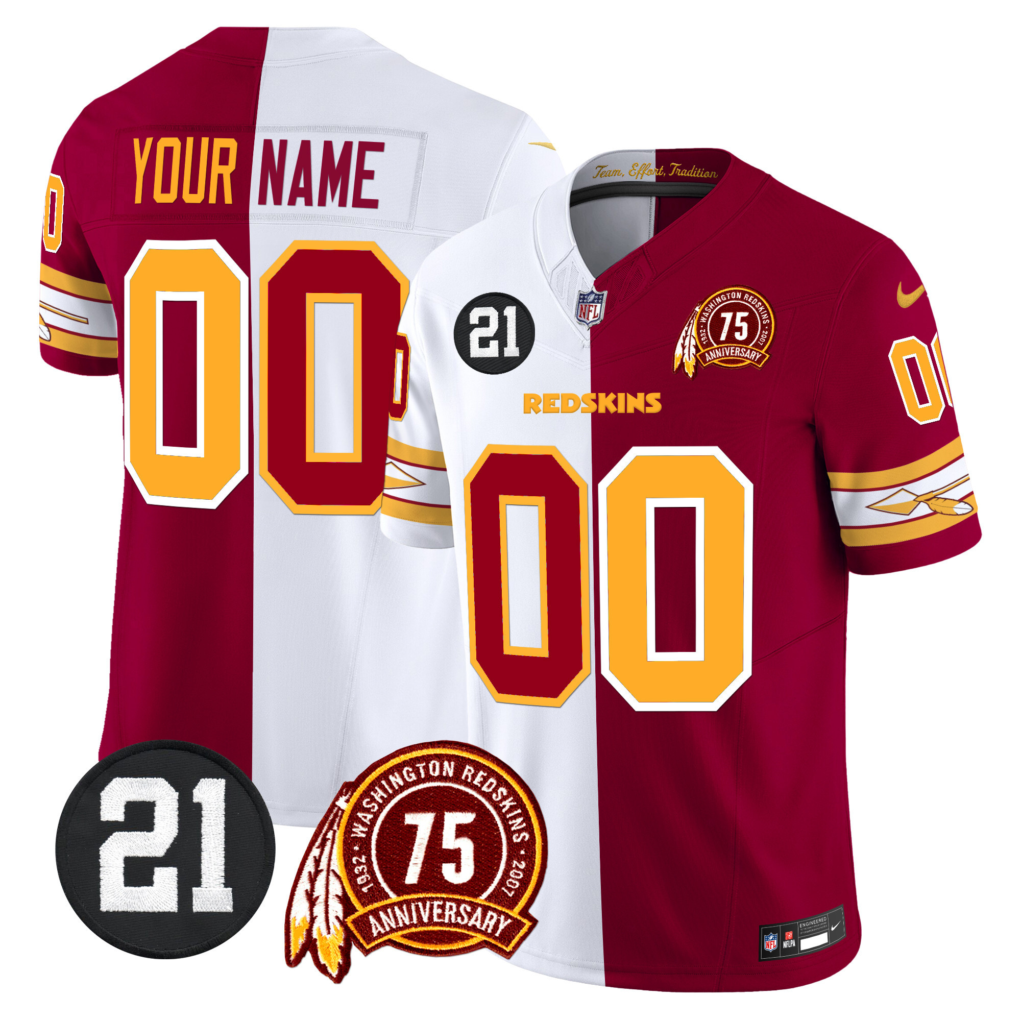 Men's Washington Redskins 75th & Sean Taylor Patch Vapor Limited Custom Half Jersey - All Stitched