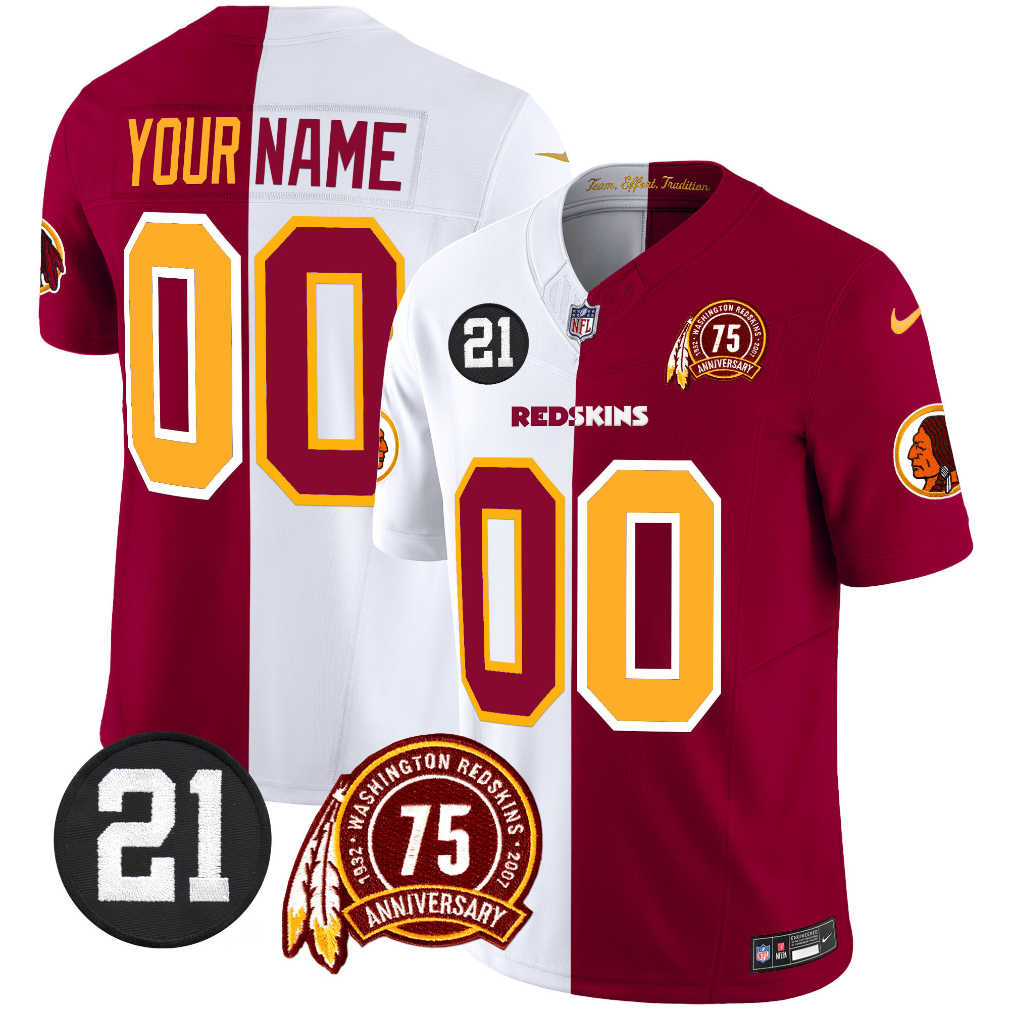 Men's Washington Redskins 75th & Sean Taylor Patch Vapor Limited Custom Half Jersey - All Stitched
