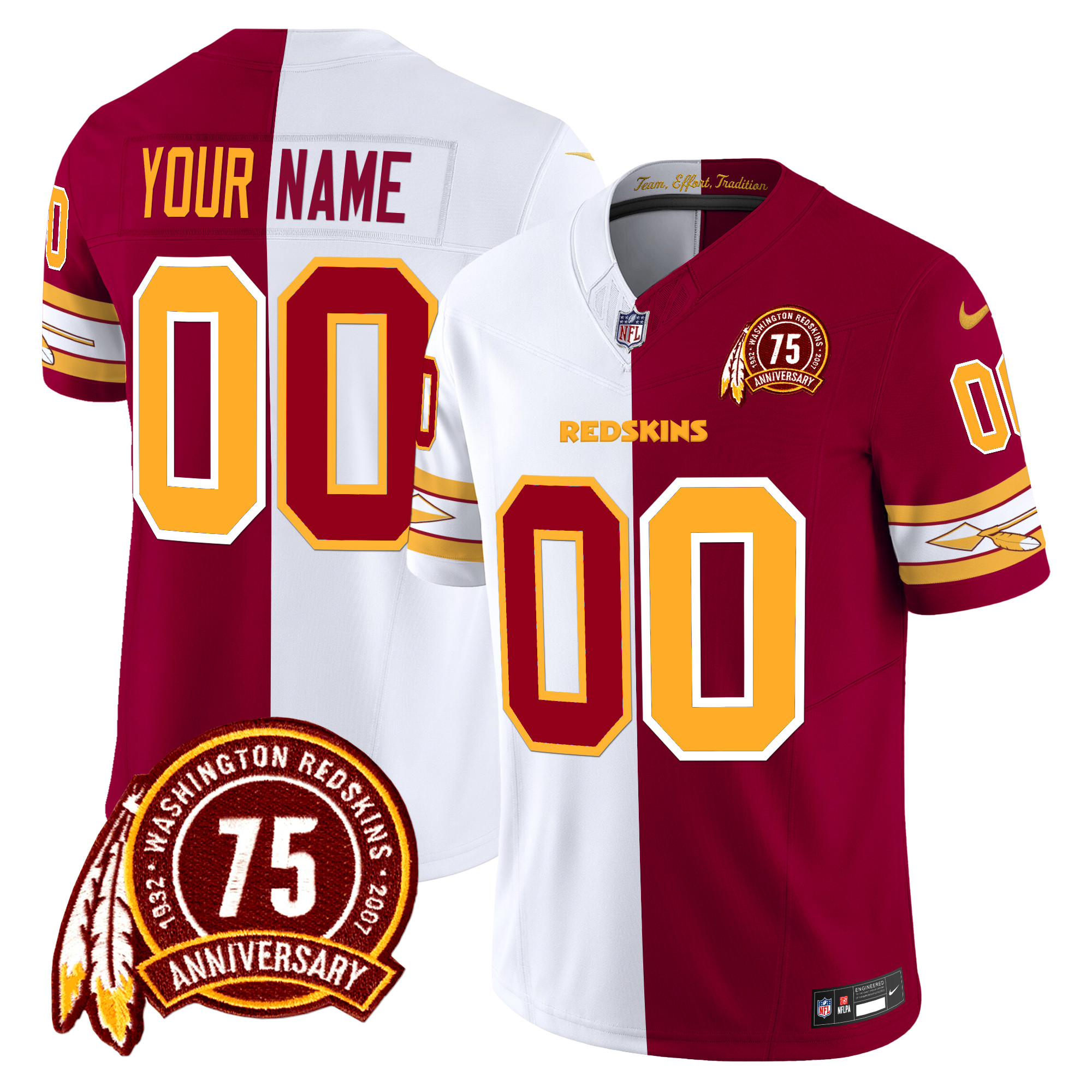 Men's Washington Redskins 75th Patch Vapor Limited Custom Half Jersey - All Stitched