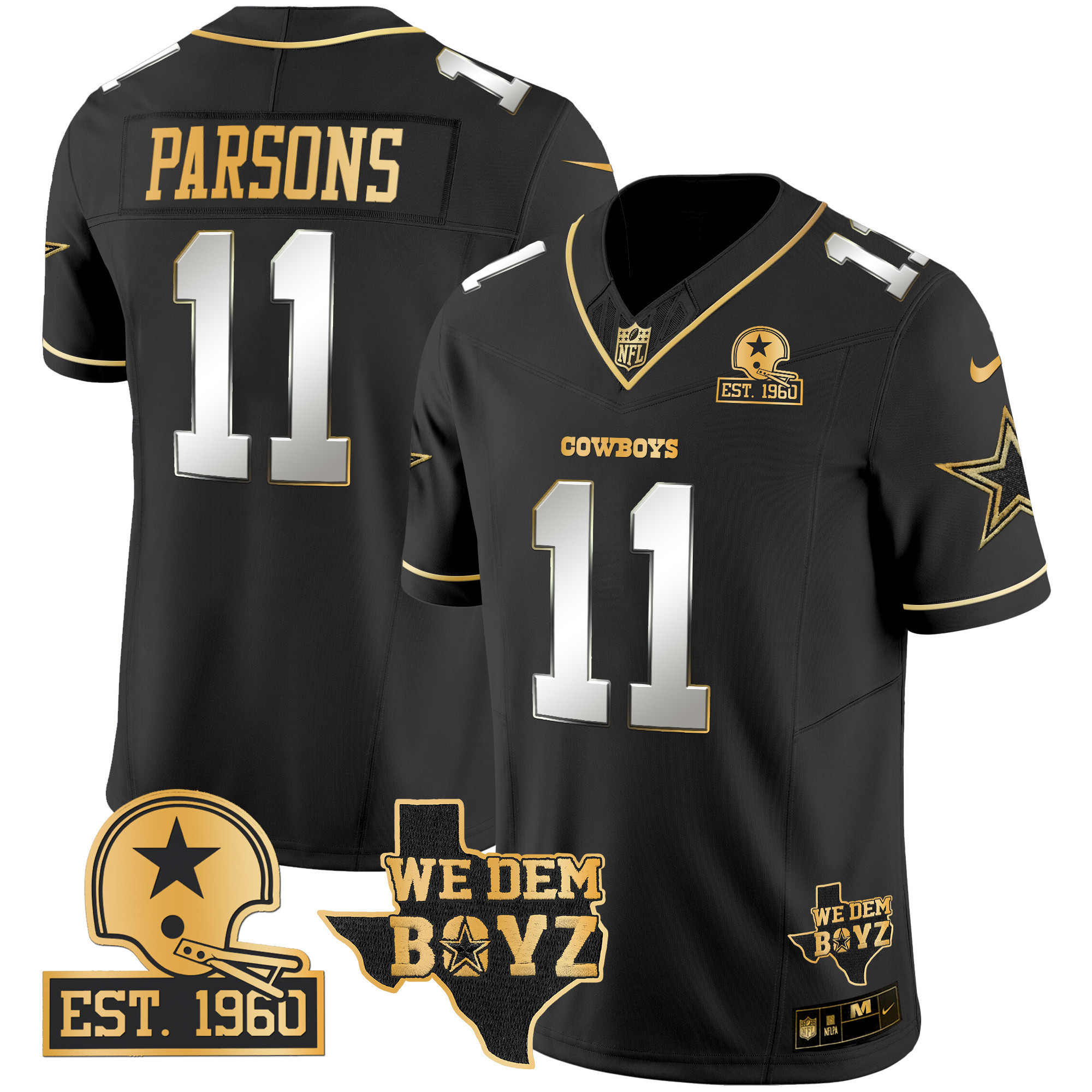 Micah Parsons Men's Dallas Cowboys Est. 1960 & We Dem Boyz Patch Gold Vapor Limited Black Limited Jersey - All Stitched