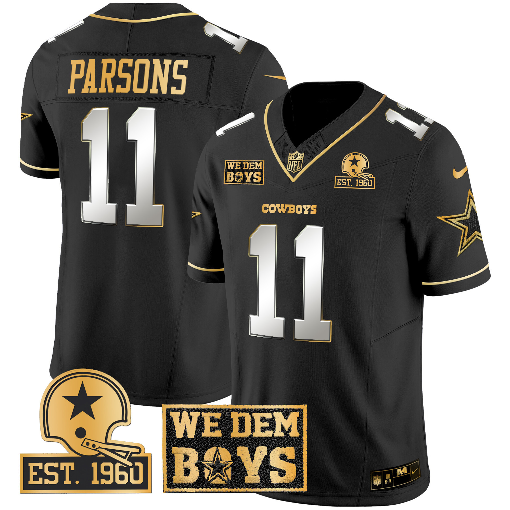 Micah Parsons Men's Dallas Cowboys Est. 1960 & We Dem Boyz Patch Gold Vapor Limited Black Limited Jersey - All Stitched