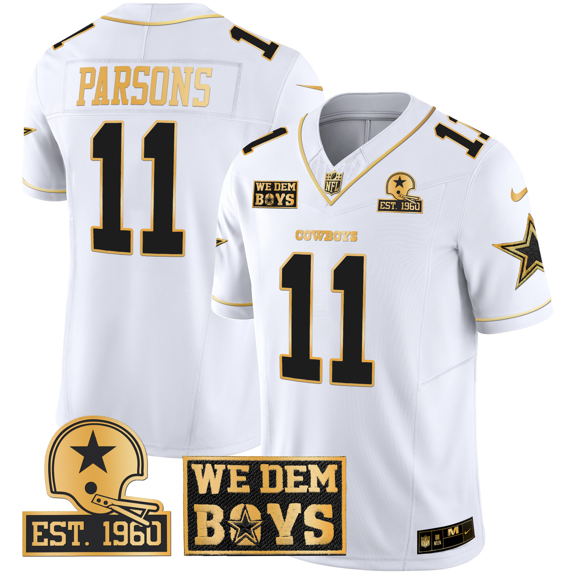 Micah Parsons Men's Dallas Cowboys Est. 1960 & We Dem Boyz Patch Gold Vapor Limited White Gold Jersey - All Stitched