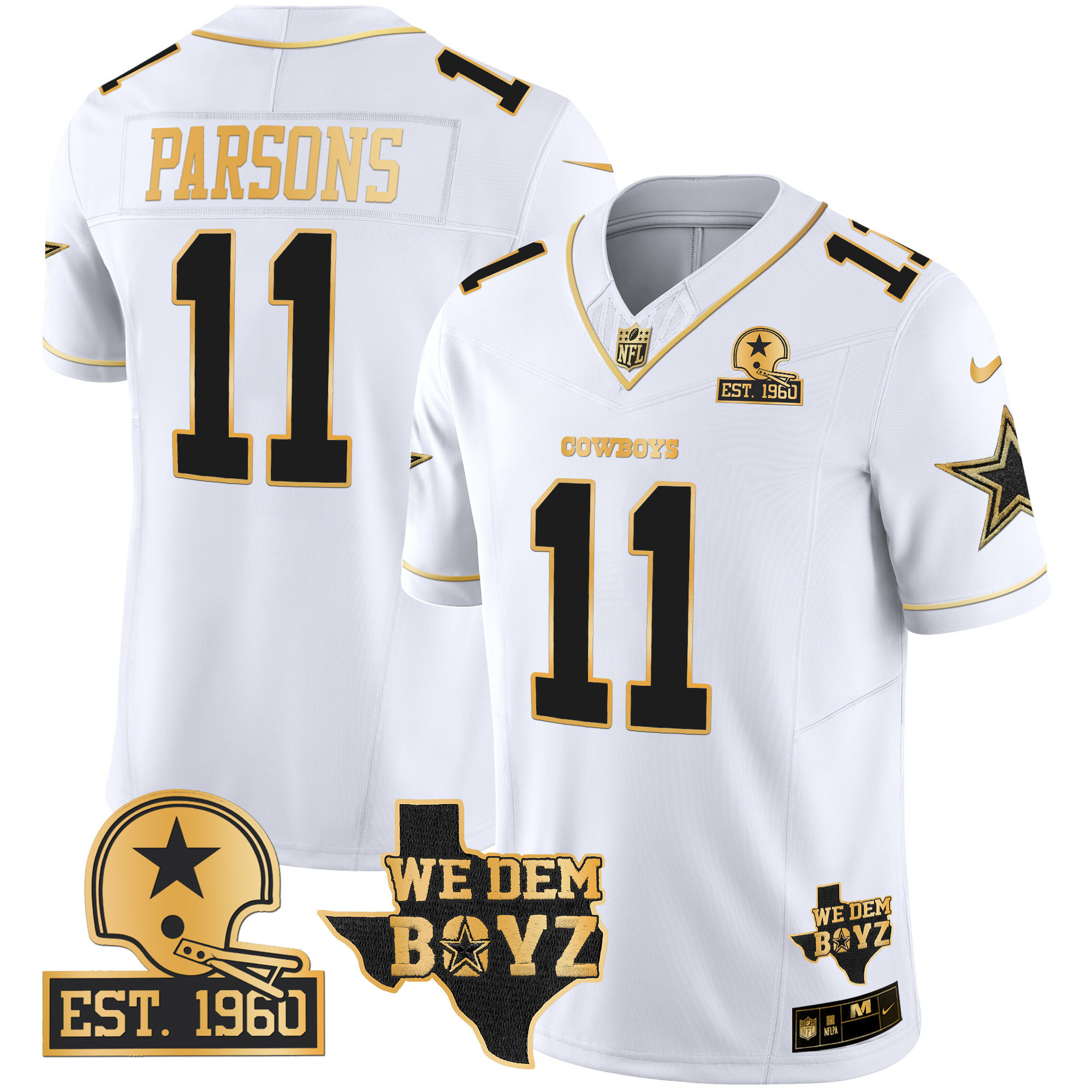 Micah Parsons Men's Dallas Cowboys Est. 1960 & We Dem Boyz Patch Gold Vapor Limited White Gold Jersey - All Stitched