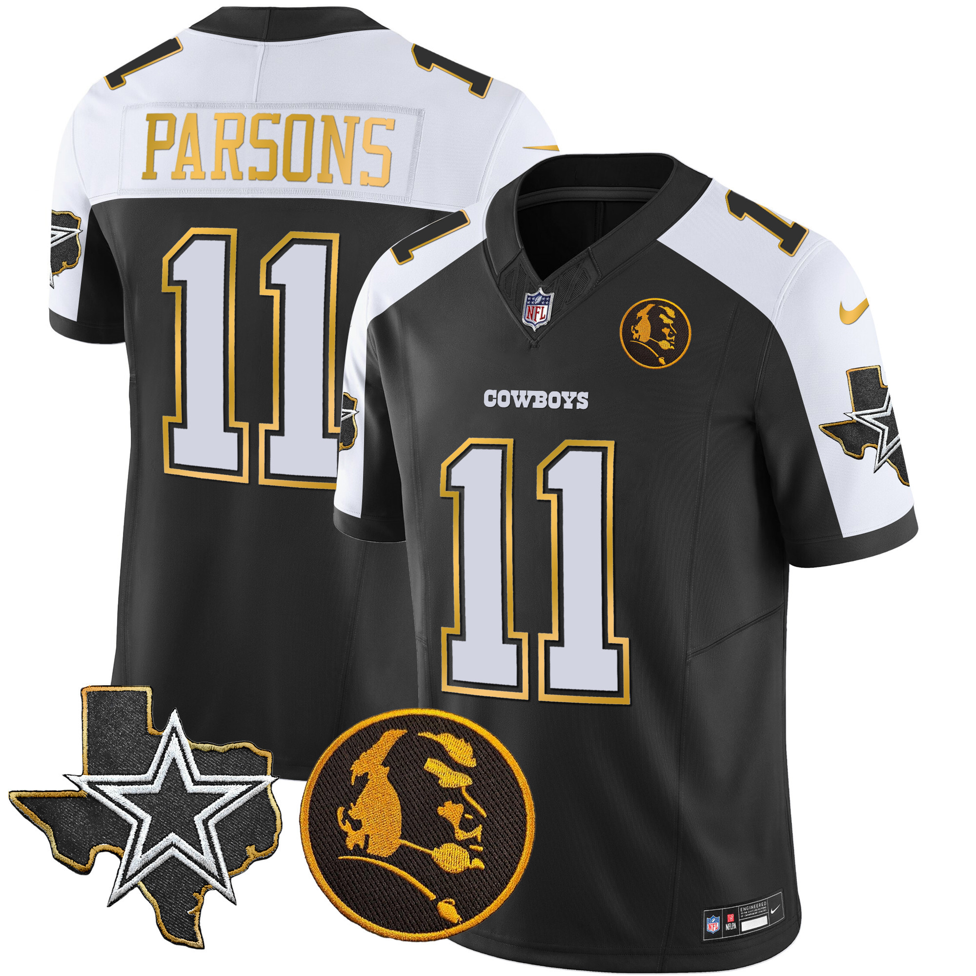 Micah Parsons Men's Dallas Cowboys Texas & John Madden Patch Gold Trim Vapor Black Alternate Jersey - All Stitched