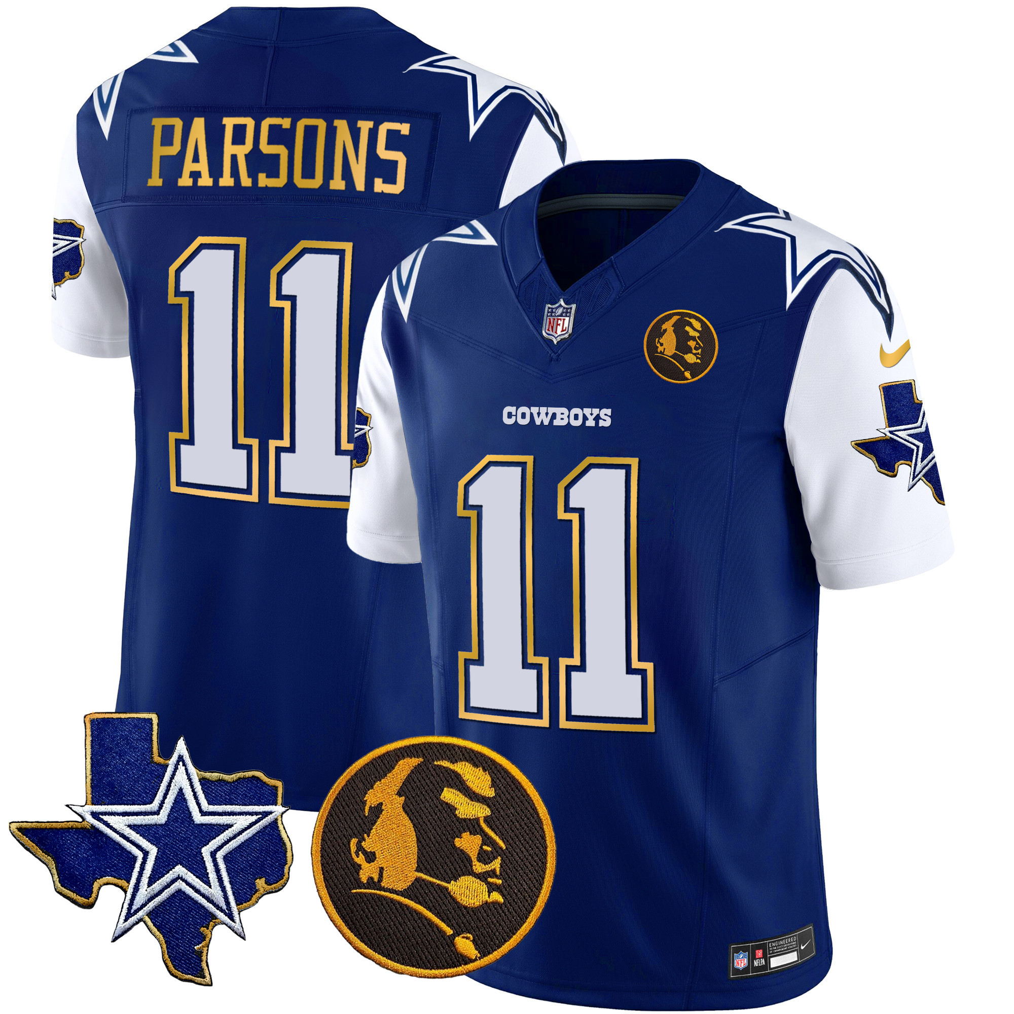Micah Parsons Men's Dallas Cowboys Texas & John Madden Patch Gold Trim Vapor Royal Jersey - All Stitched