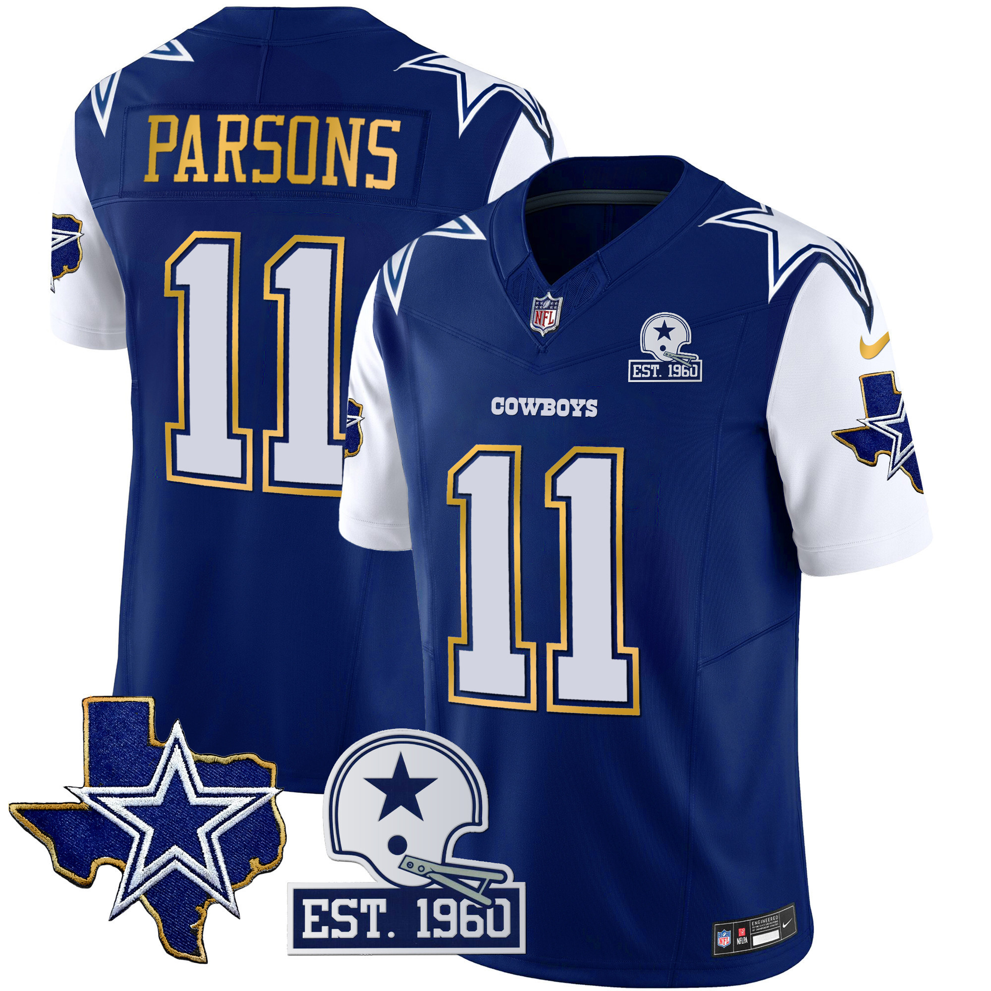 Micah Parsons Men's Dallas Cowboys Texas Patch Gold Trim Vapor Royal Jersey - All Stitched