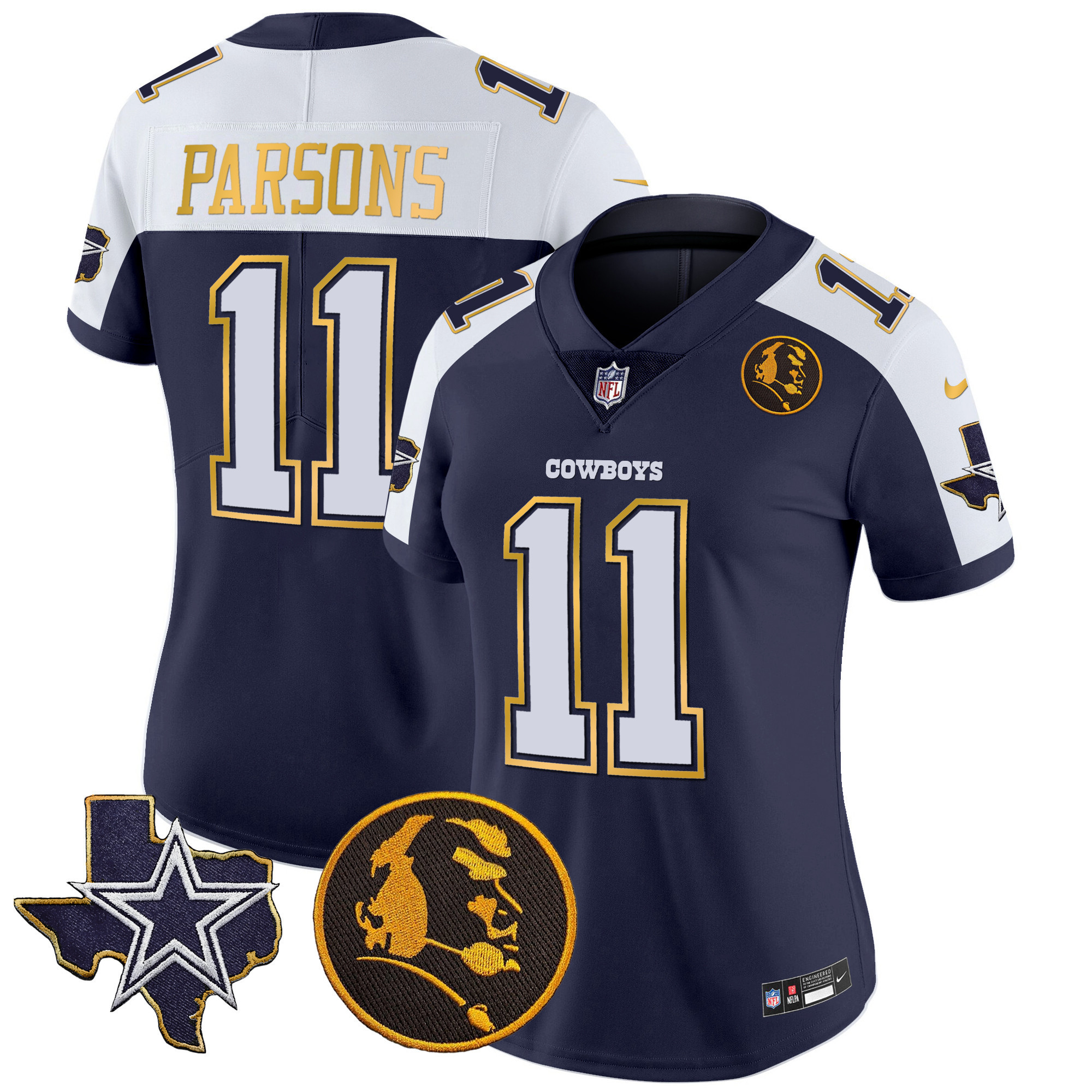 Micah Parsons Women's Dallas Cowboys Texas & John Madden Patch Gold Trim Vapor Navy Alternate Jersey - All Stitched